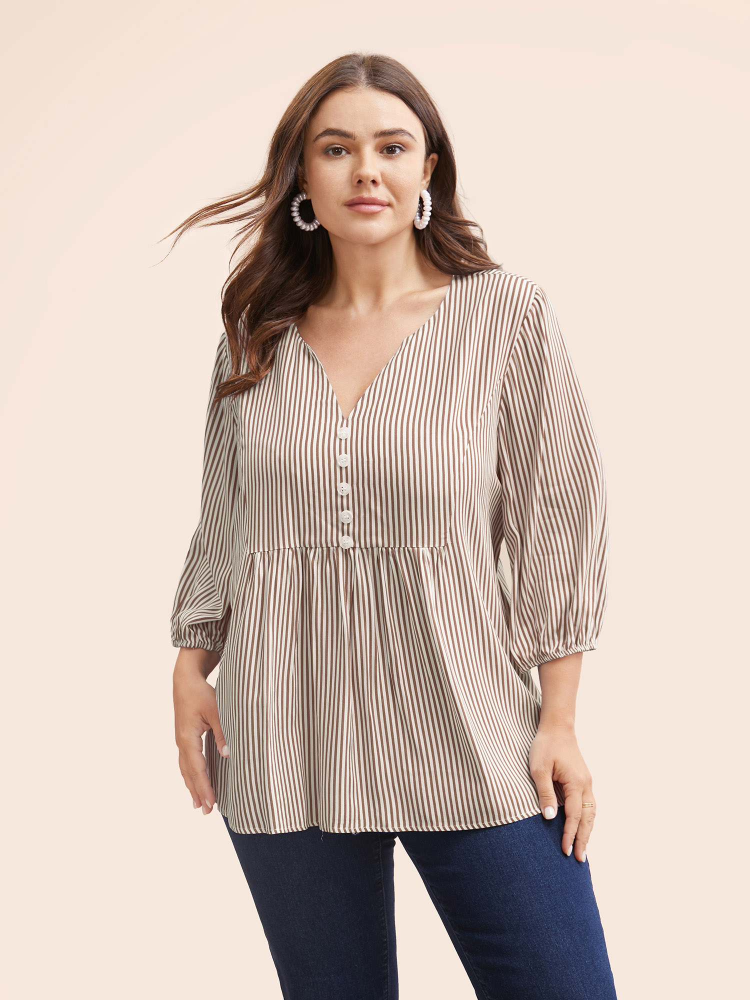 

Plus Size LightBrown Striped Gathered Button Detail Lantern Sleeve Blouse Women Elegant Elbow-length sleeve V-neck Everyday Blouses BloomChic