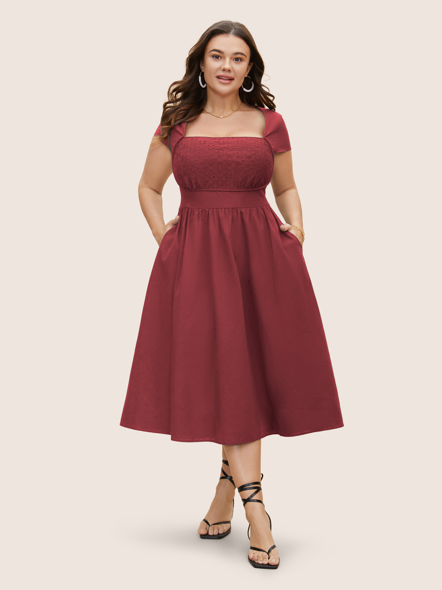 

Plus Size Solid Broderie Anglaise Shirred Tucked Seam Dress Burgundy Women Elegant Tucked seam Square Neck Cap Sleeve Curvy BloomChic