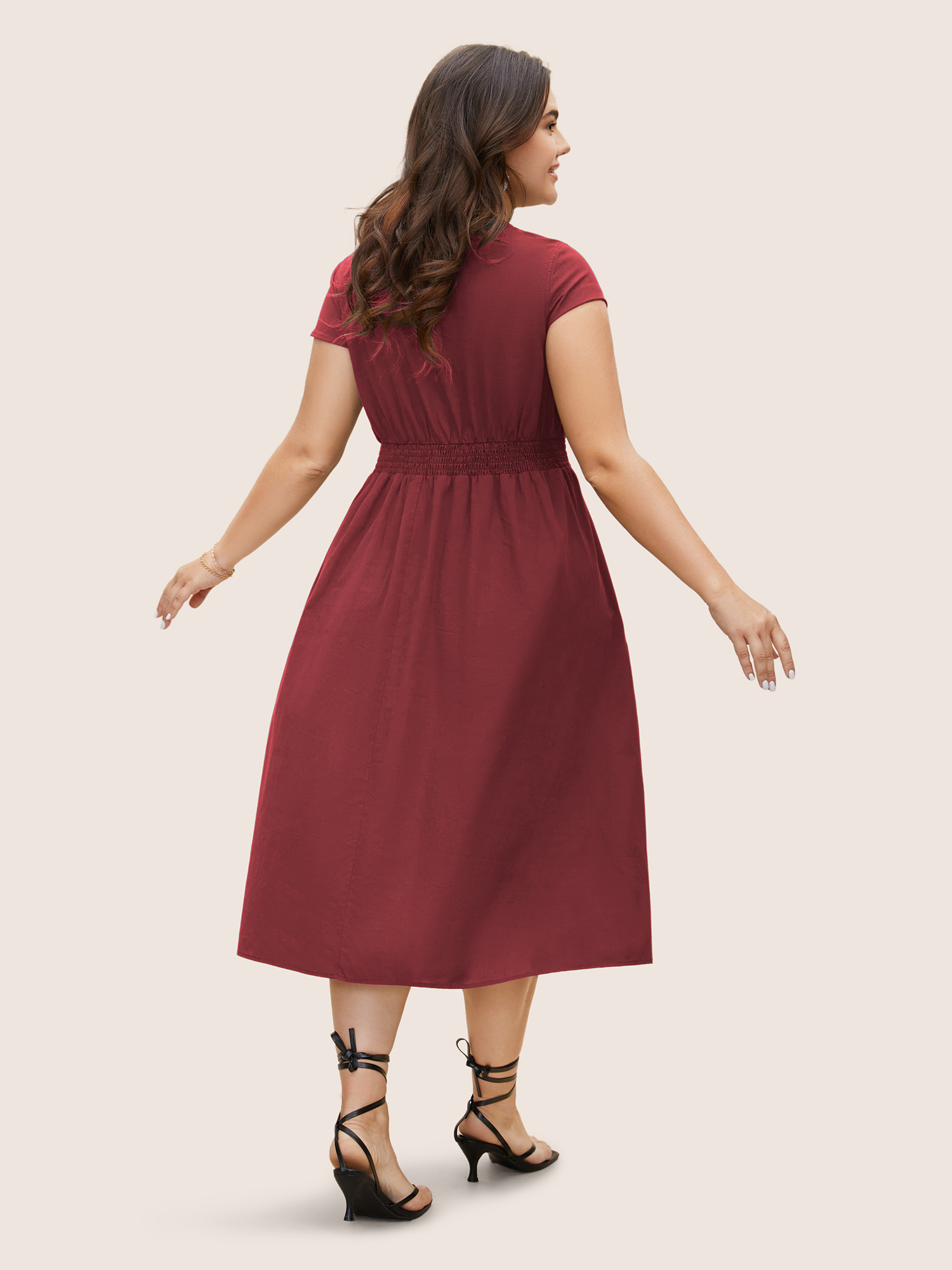 

Plus Size Solid Broderie Anglaise Shirred Tucked Seam Dress Burgundy Women Elegant Tucked seam Square Neck Cap Sleeve Curvy BloomChic