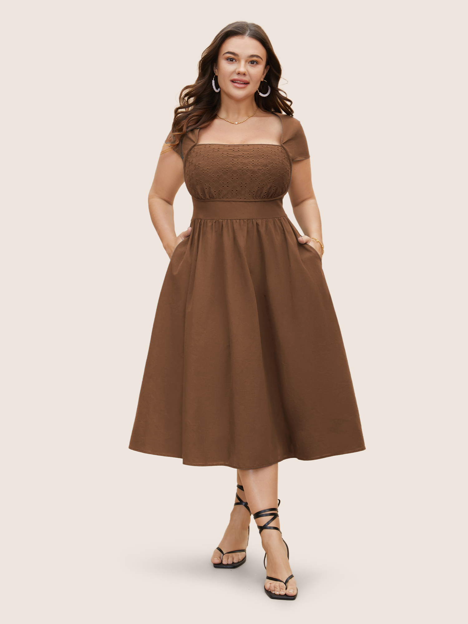 

Plus Size Solid Broderie Anglaise Shirred Tucked Seam Dress Browncoffeecolor Women Elegant Tucked seam Square Neck Cap Sleeve Curvy BloomChic