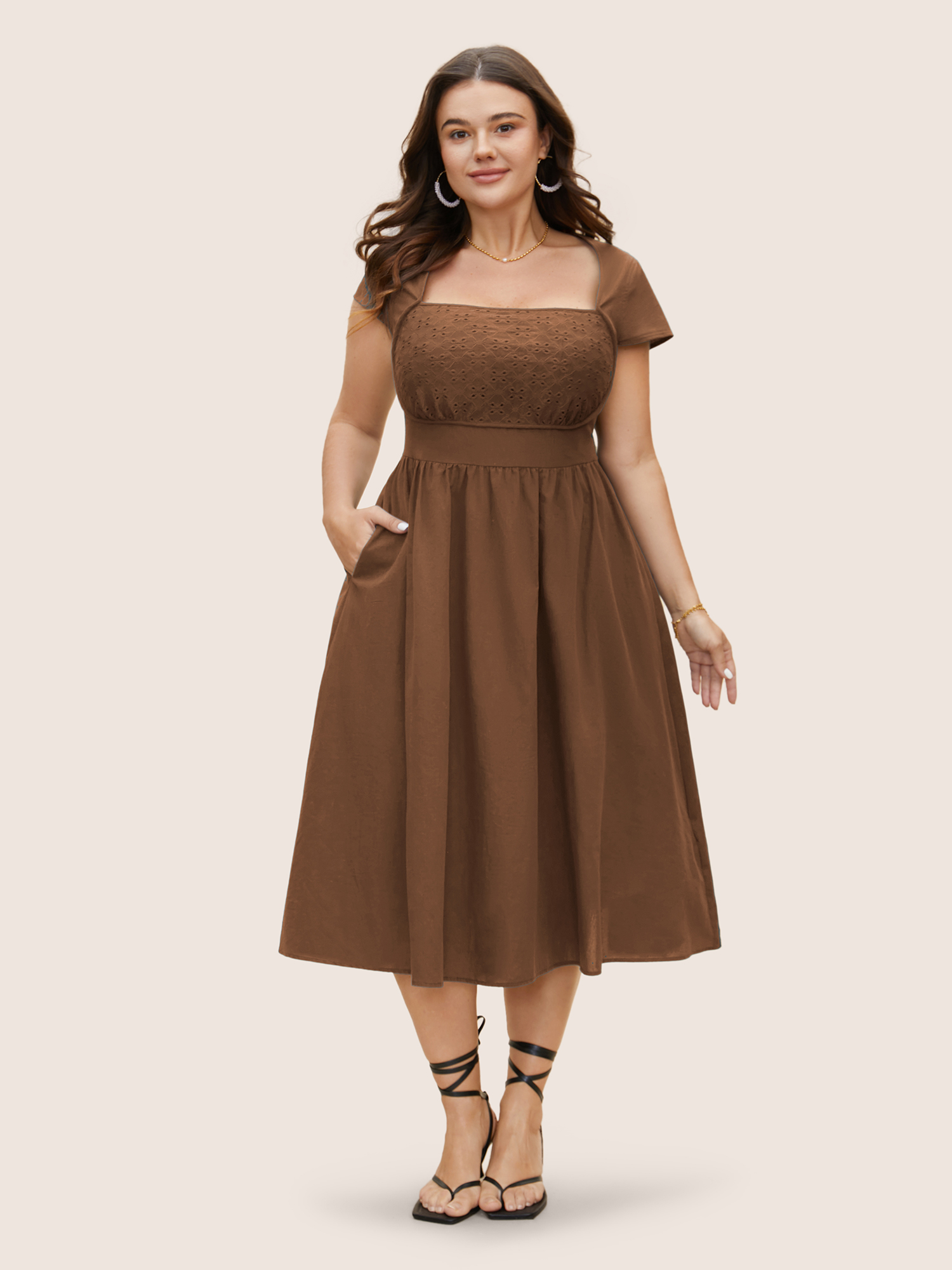 

Plus Size Solid Broderie Anglaise Shirred Tucked Seam Dress Browncoffeecolor Women Elegant Tucked seam Square Neck Cap Sleeve Curvy BloomChic