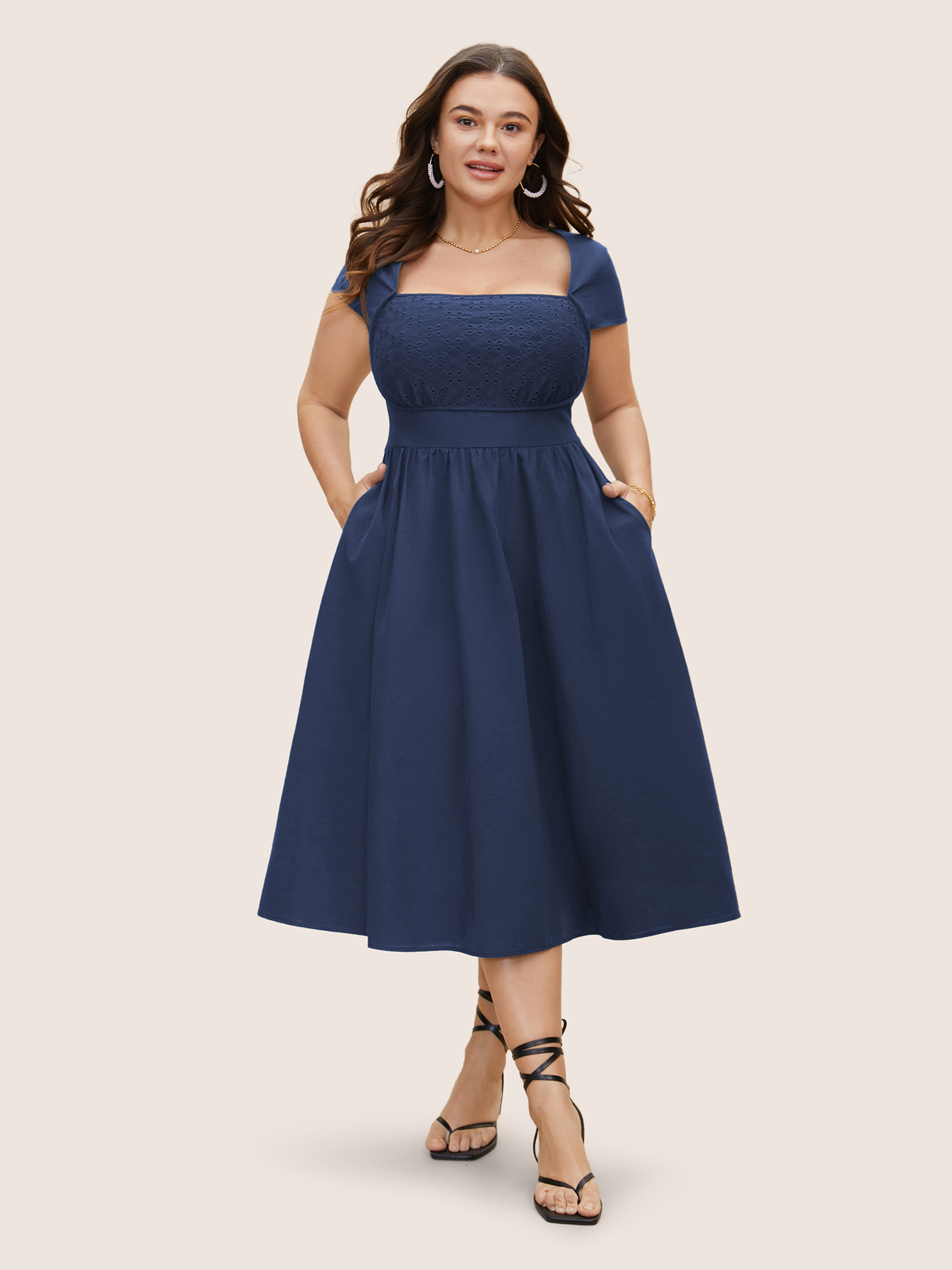 

Plus Size Solid Broderie Anglaise Shirred Tucked Seam Dress Navy Women Elegant Tucked seam Square Neck Cap Sleeve Curvy BloomChic