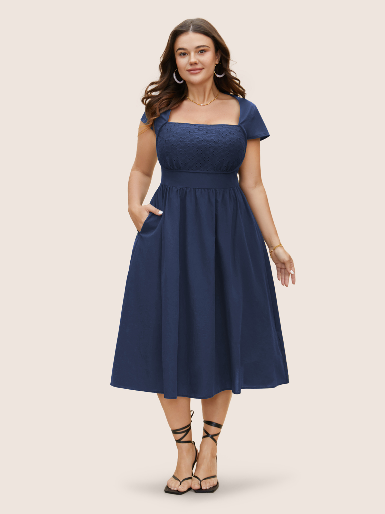 

Plus Size Solid Broderie Anglaise Shirred Tucked Seam Dress Navy Women Elegant Tucked seam Square Neck Cap Sleeve Curvy BloomChic