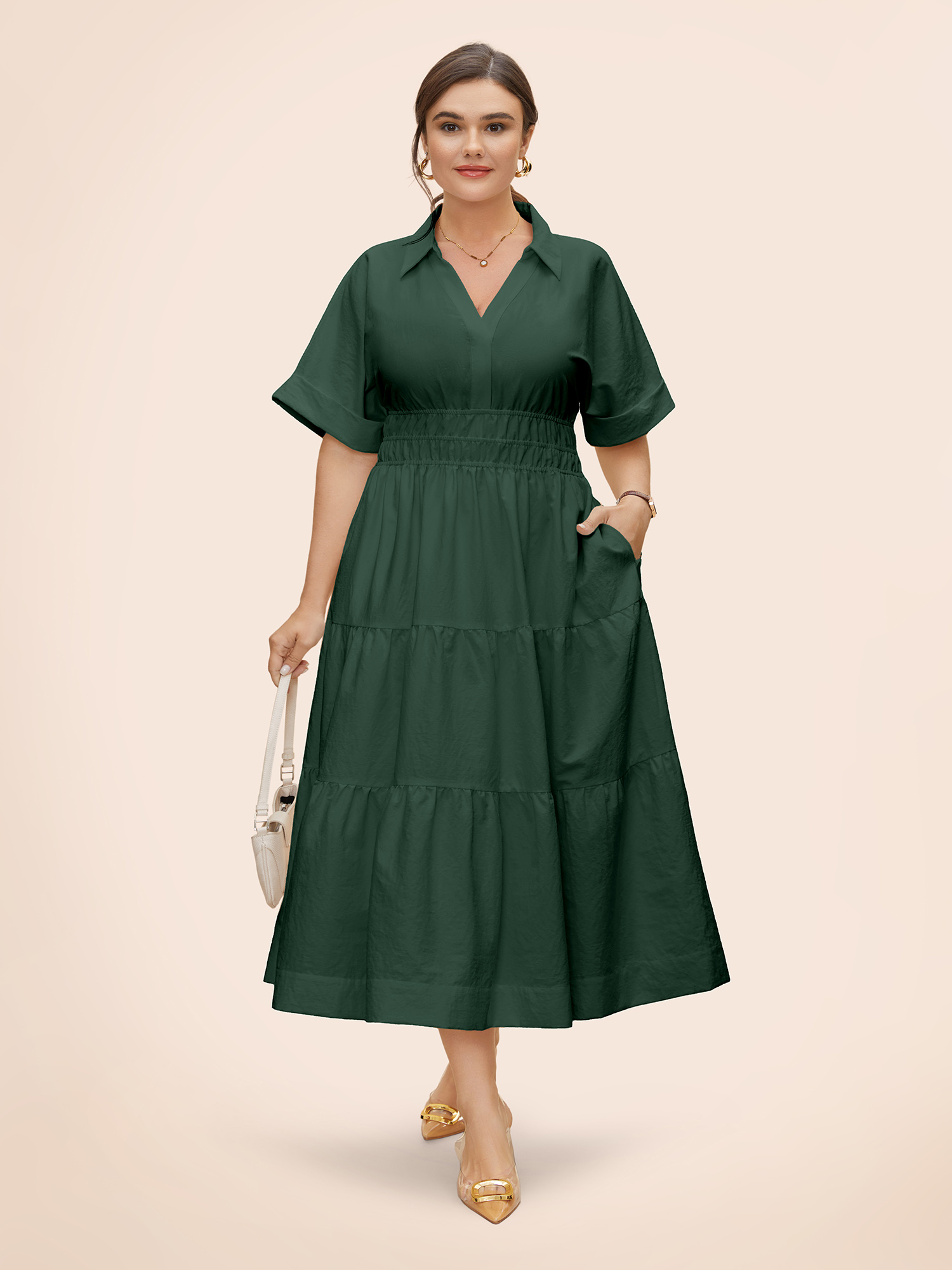 

Plus Size Midfield Tiered Midi Shirt Dress Cyan Women At the Office Gathered Shirt collar Short sleeve Curvy BloomChic