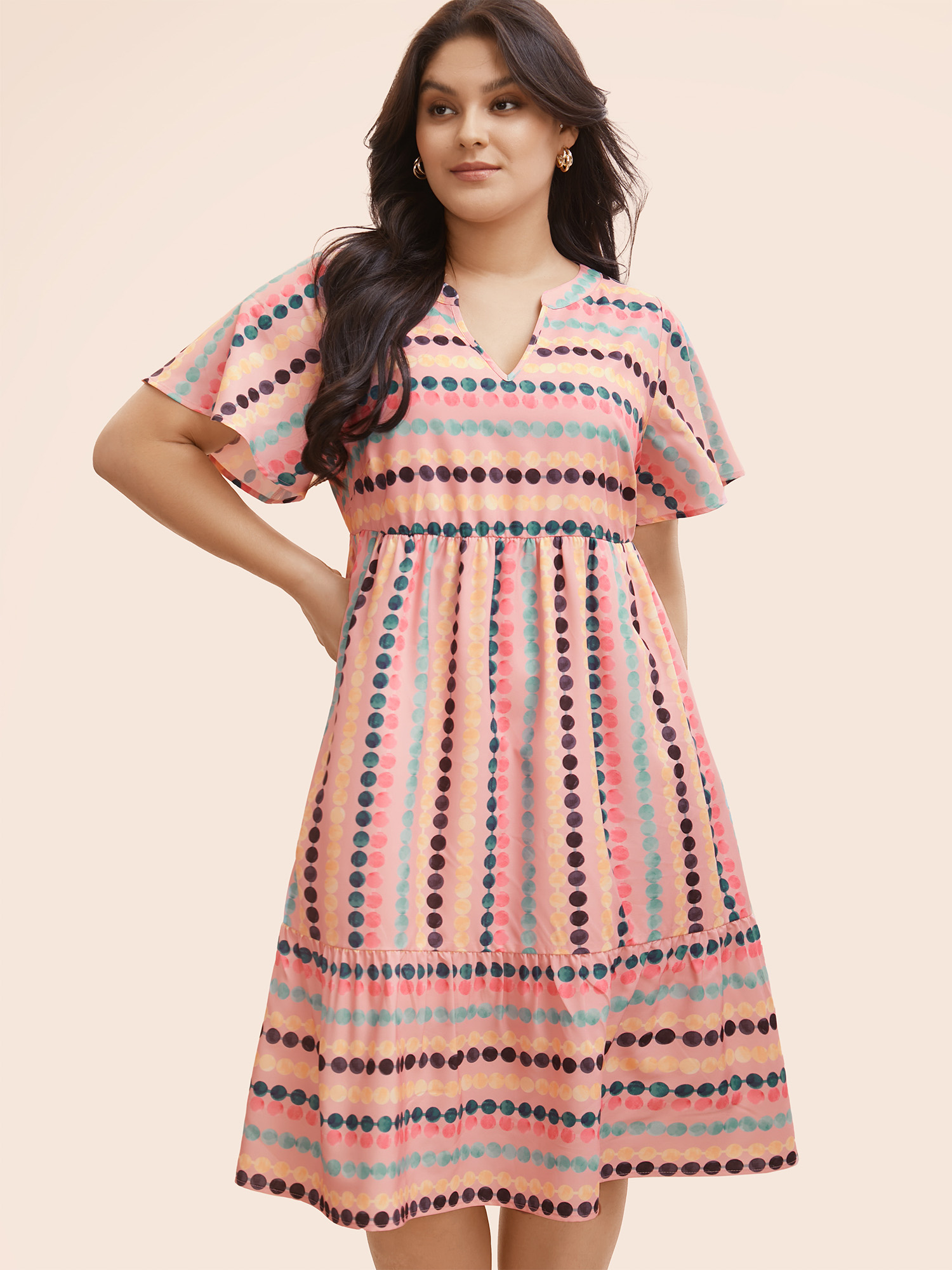 

Plus Size Dot Print Elastic Waist Split Neck Midi Dress Nudepink Women Casual Ruffles Flat collar with V-notch Short sleeve Curvy BloomChic