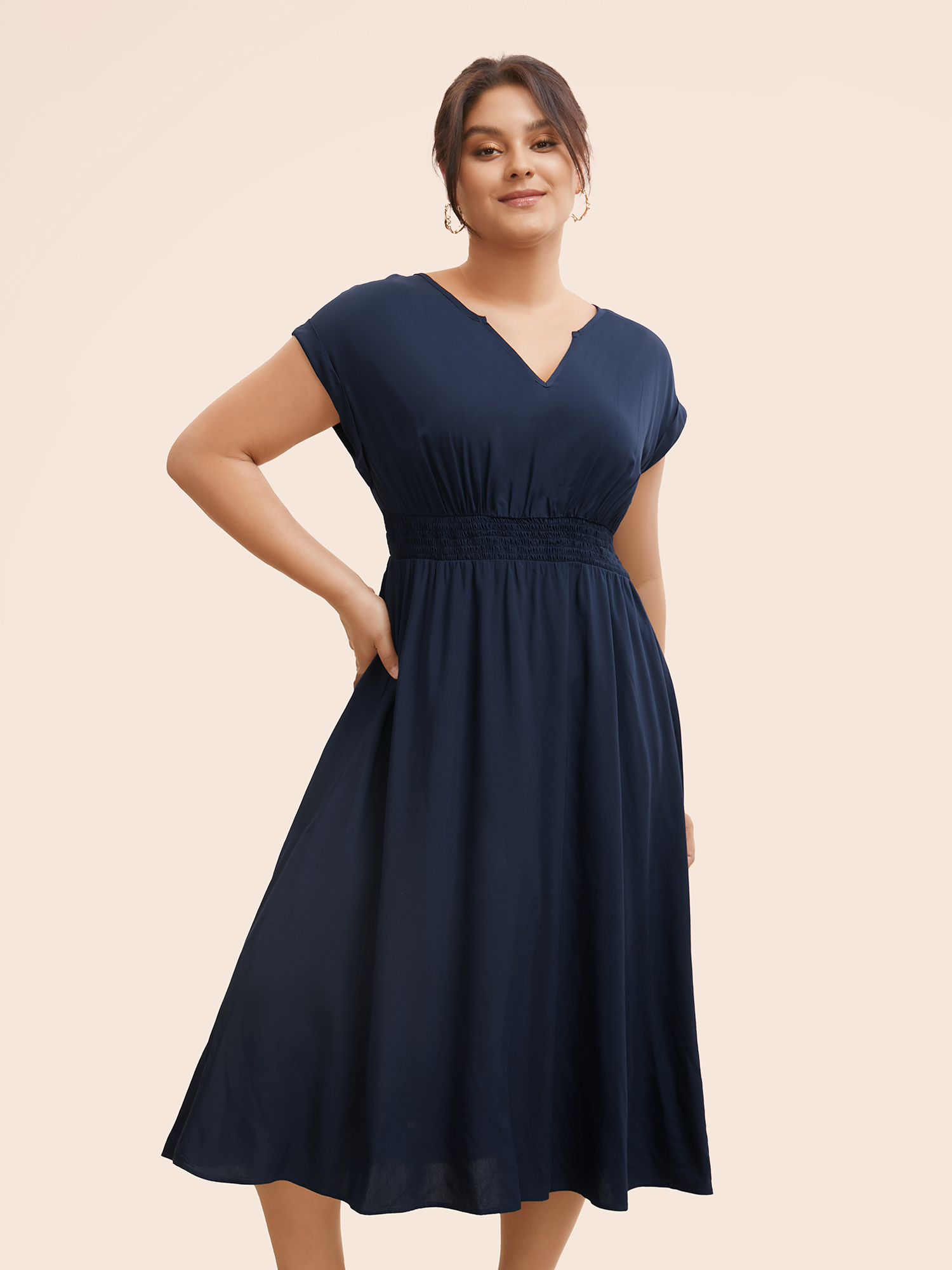 

Plus Size Plain Shirred Cap Sleeve Midi Dress Indigo Women Elegant Shirred V-neck Cap Sleeve Curvy BloomChic