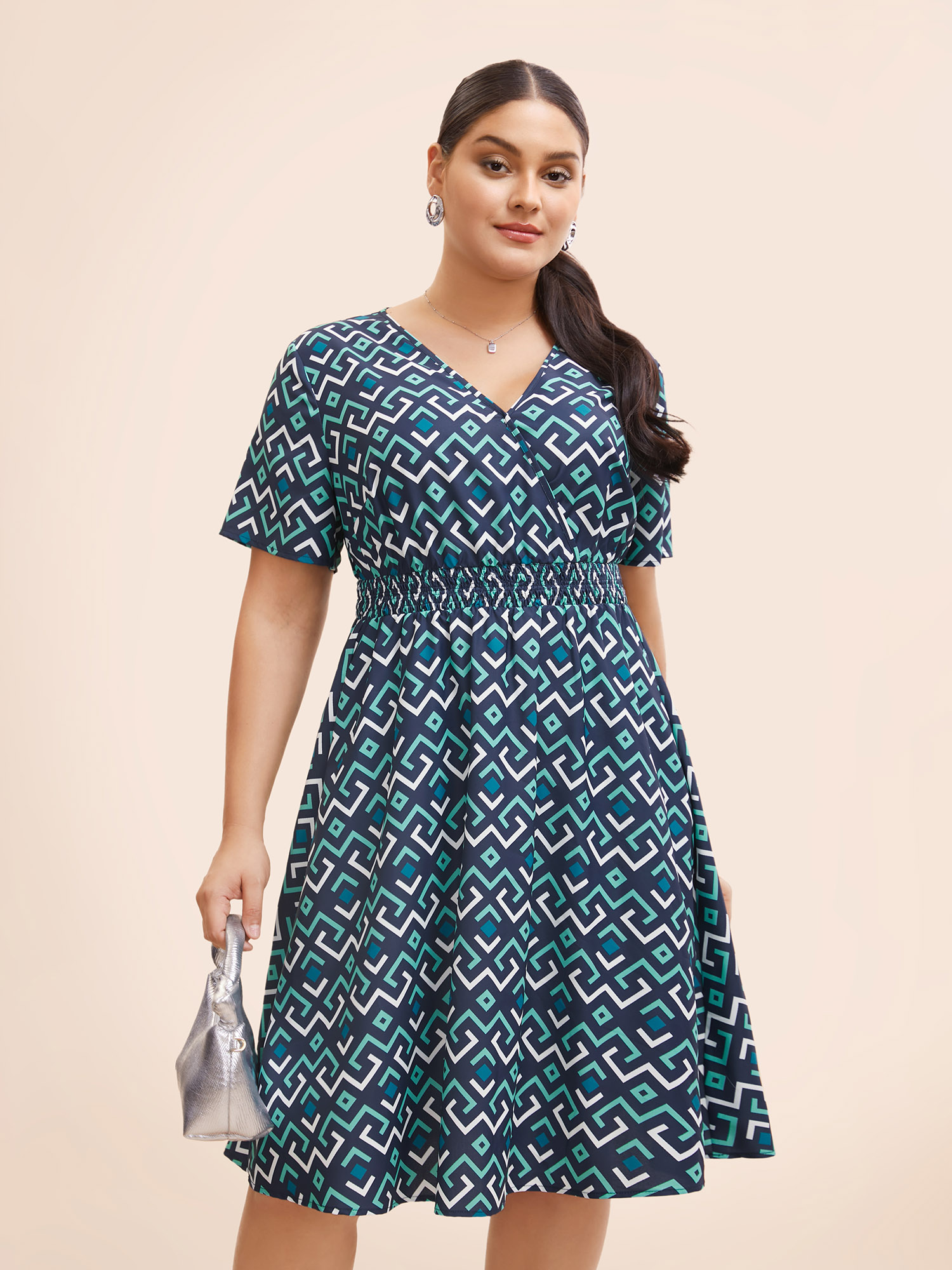 

Plus Size Geometric Print Overlap Collar Shirred Dress Emerald Women Workwear Essentials Shirred Overlap Collar Short sleeve Curvy BloomChic