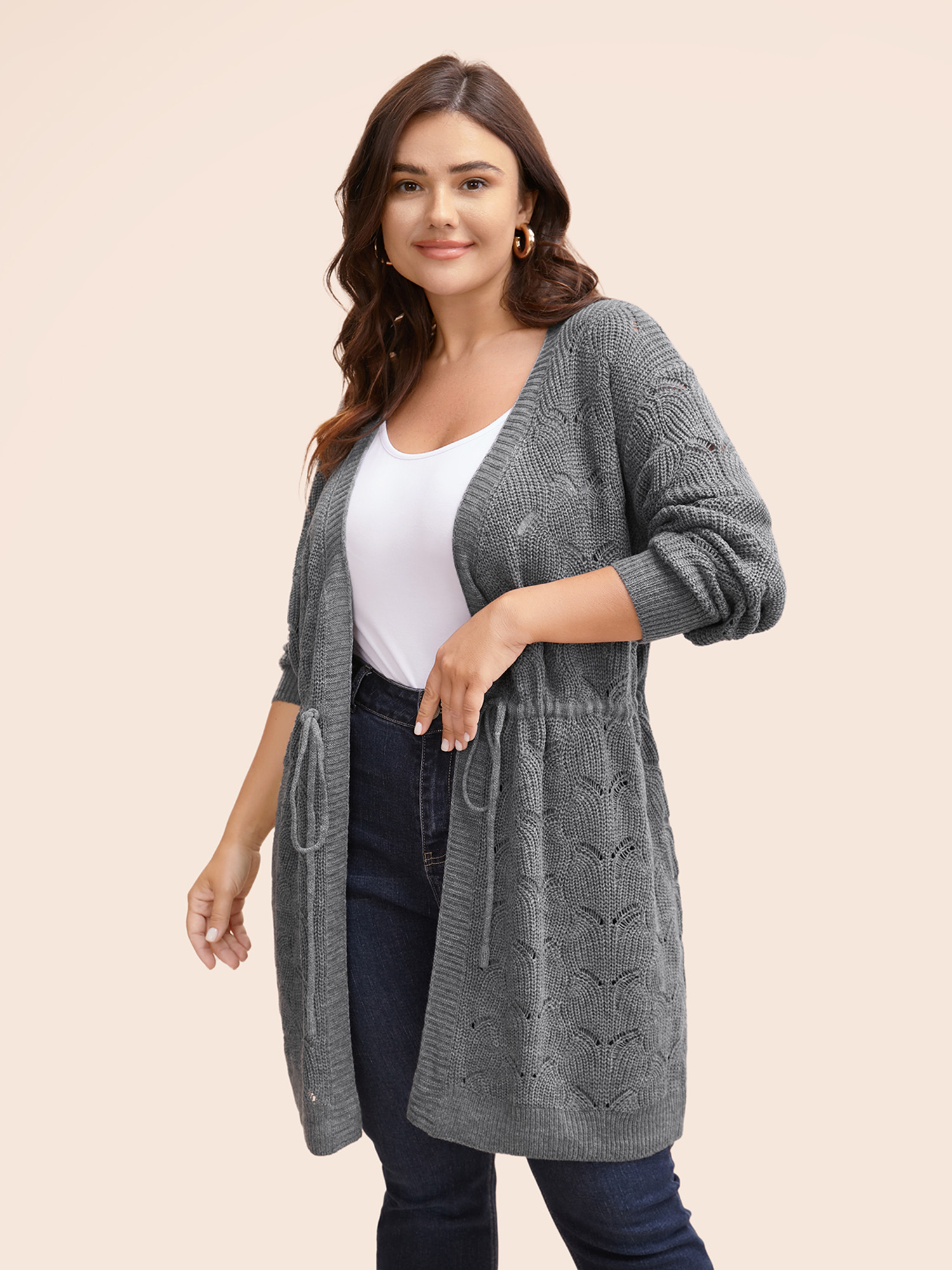 

Plus Size Textured Kimono Collar Drawstring Cardigan DarkGray Women Casual Loose Long Sleeve Everyday Cardigans BloomChic