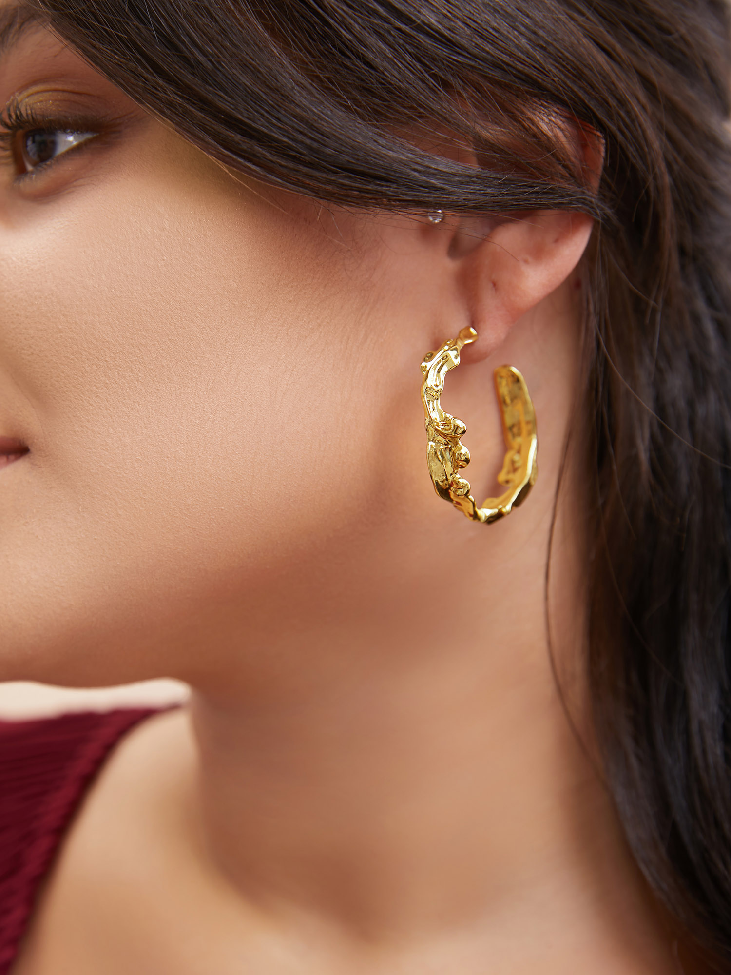 Asymmetrical Metallic Textured Hoop Earrings Everyday One Size Basics Earrings BloomChic