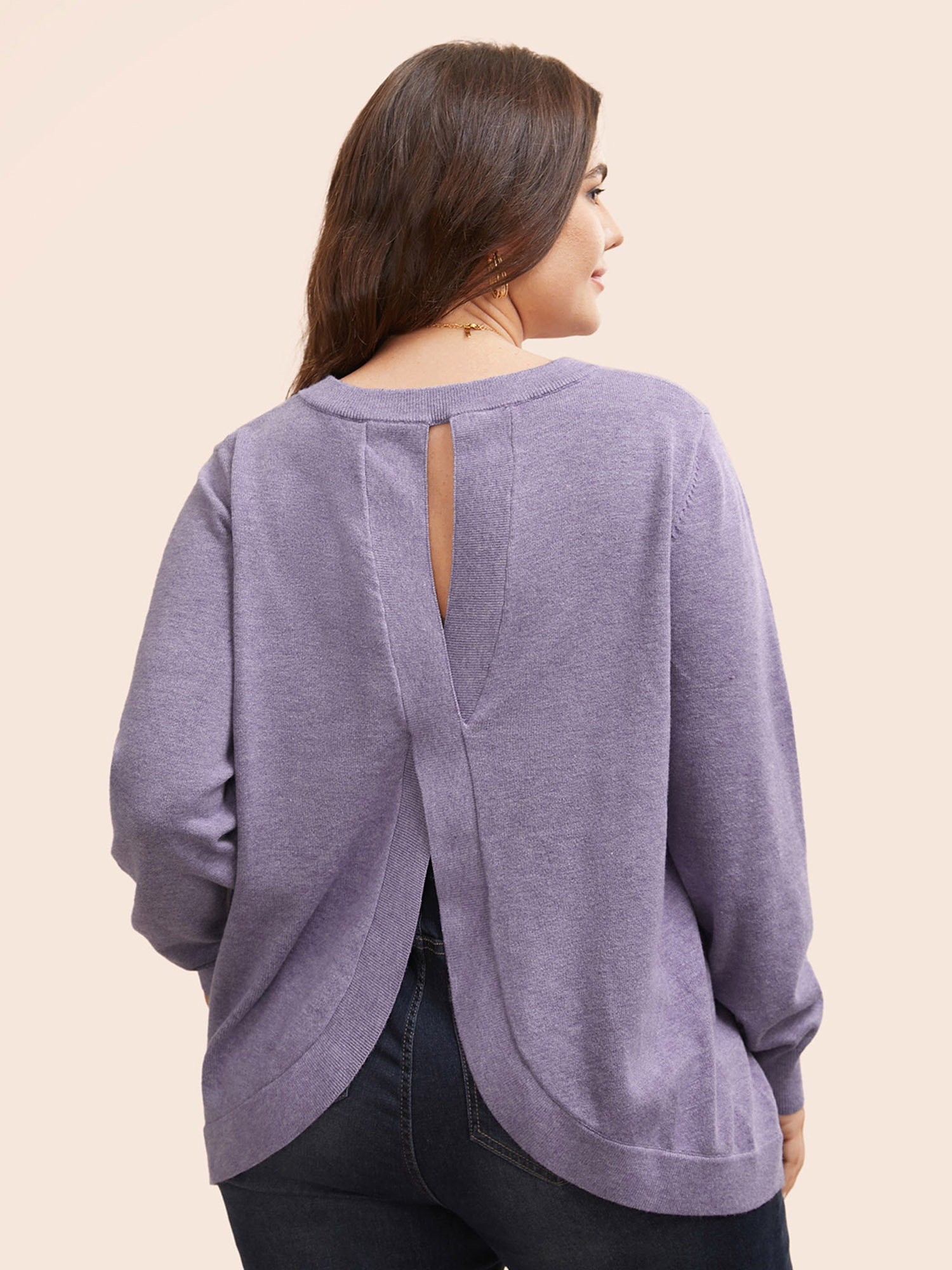 BloomChic Women's Plus Size Round Neck Solid Cut Out Pullover Mauve Long Sleeve 12/L