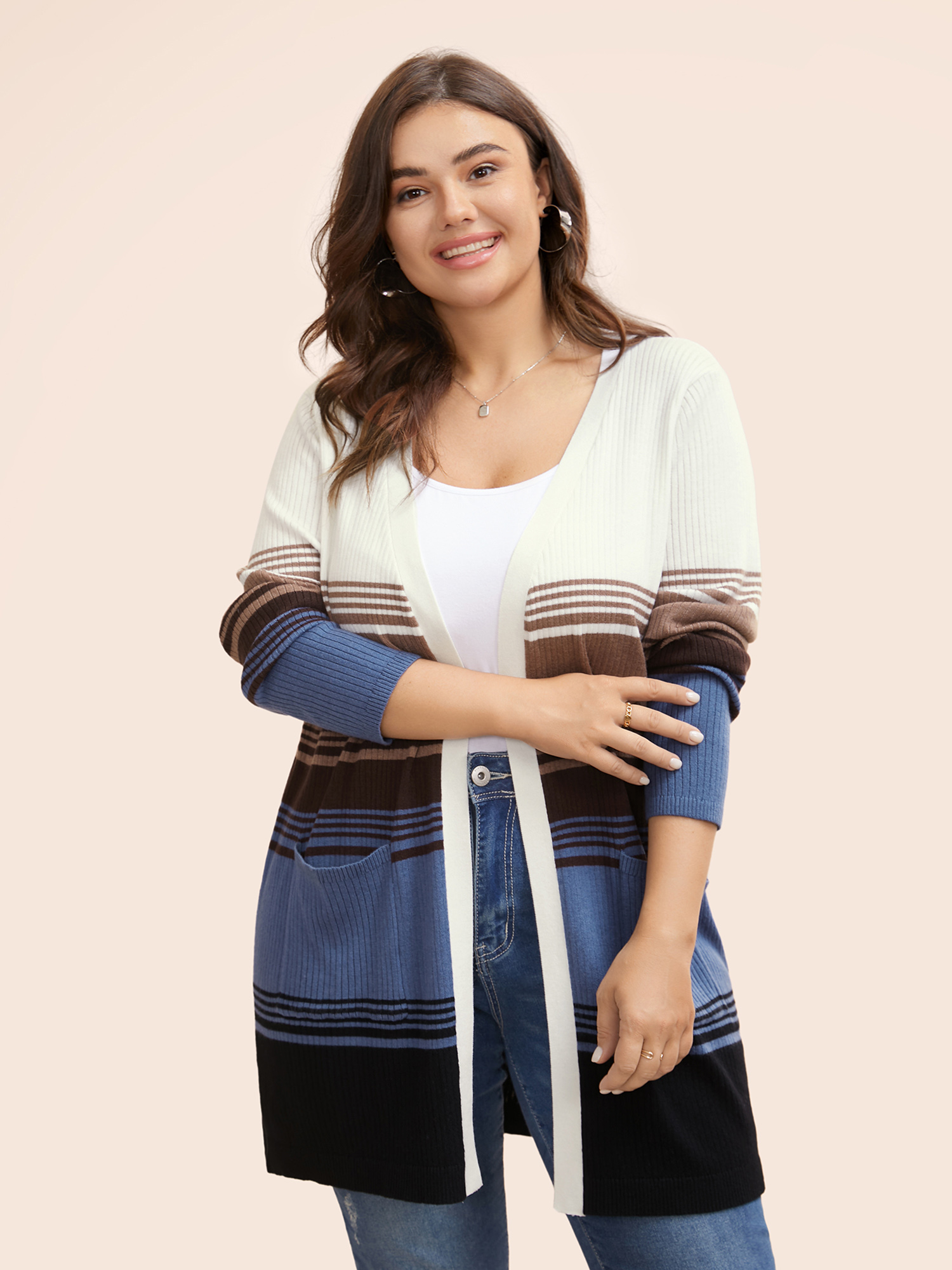 

Plus Size Striped Contrast Wool Blend Patched Pocket Cardigan Multicolor Women Casual Loose Long Sleeve Everyday Cardigans BloomChic