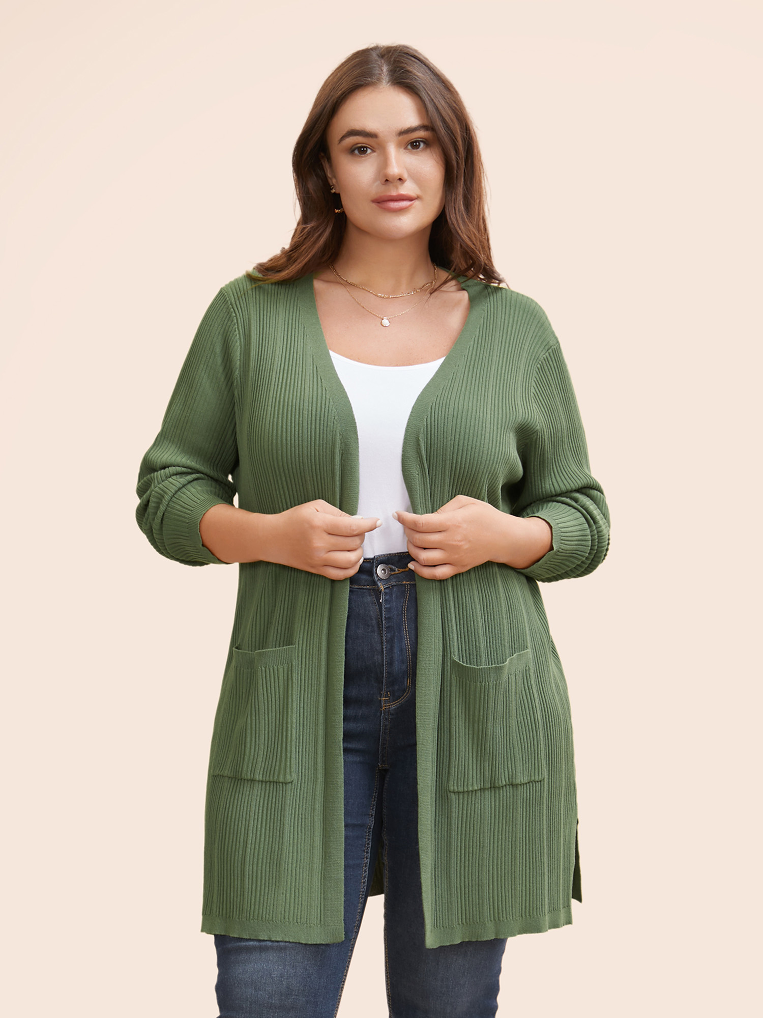 

Plus Size Plain Textured Split Hem Patch Pocket Cardigan Greenbean Women Casual Loose Long Sleeve Everyday Cardigans BloomChic