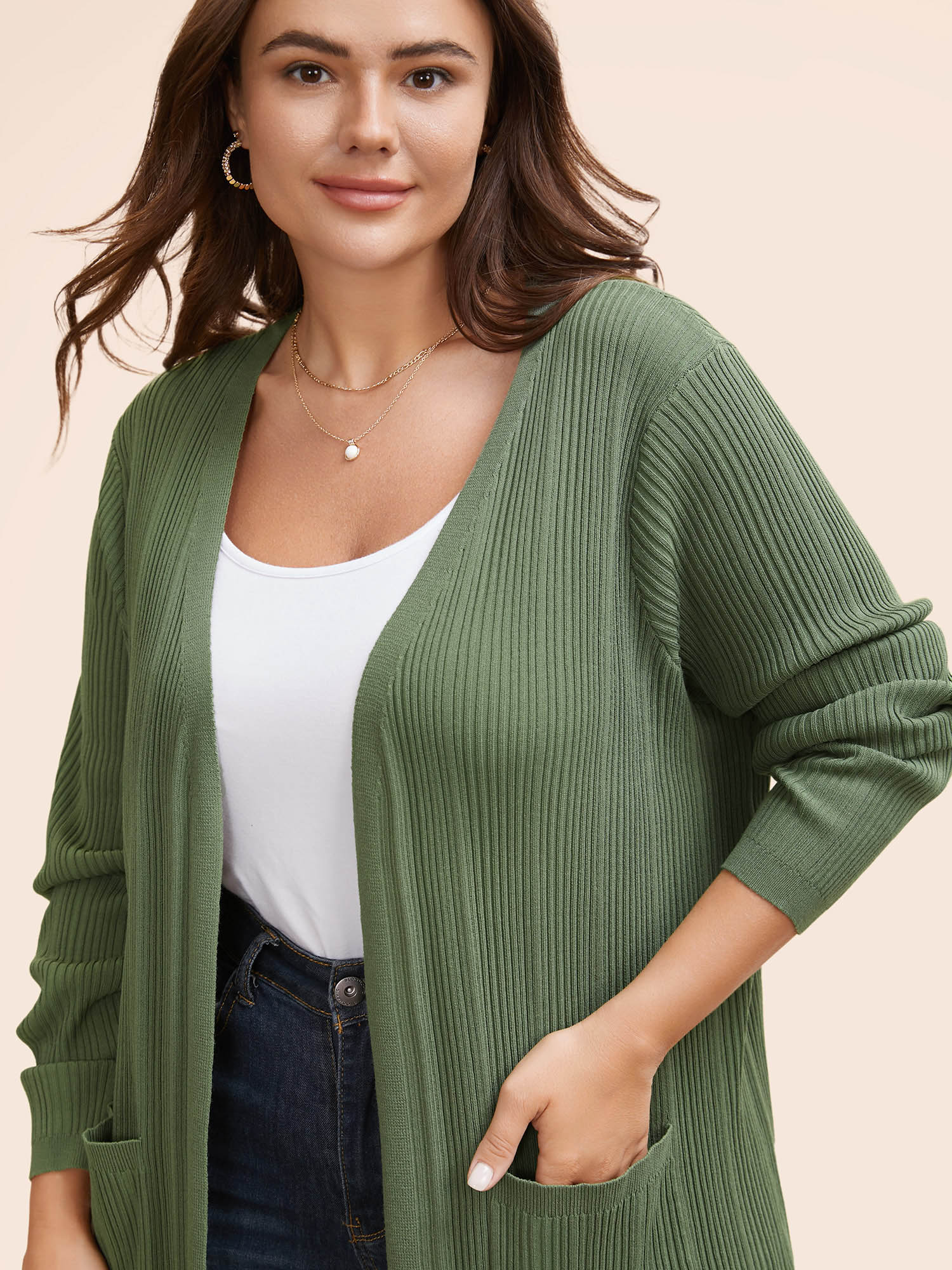 

Plus Size Plain Textured Split Hem Patch Pocket Cardigan Greenbean Women Casual Loose Long Sleeve Everyday Cardigans BloomChic