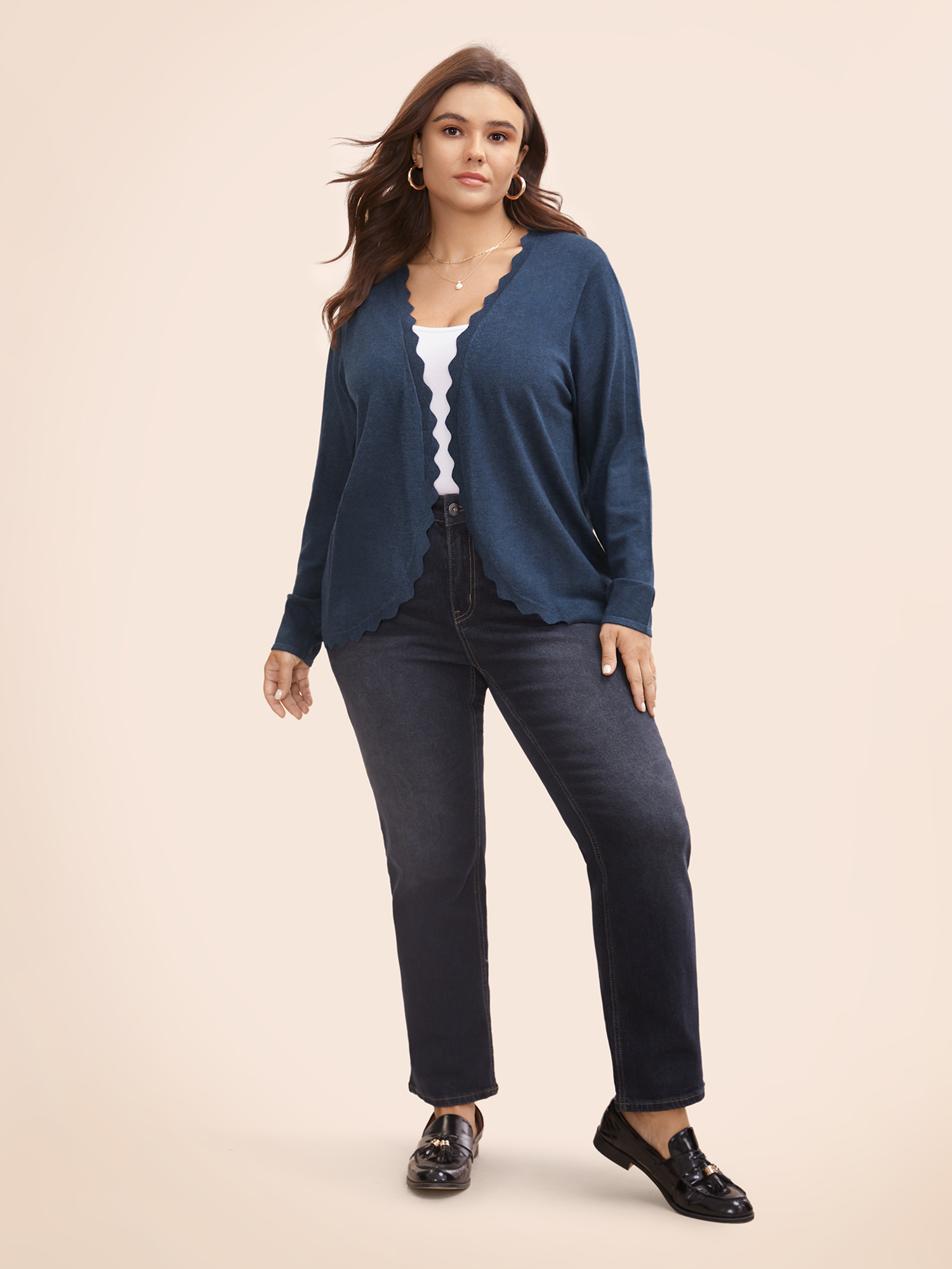 

Plus Size Supersoft Essentials Solid Scalloped Trim Cardigan Midnight Women Casual Loose Long Sleeve Everyday Cardigans BloomChic