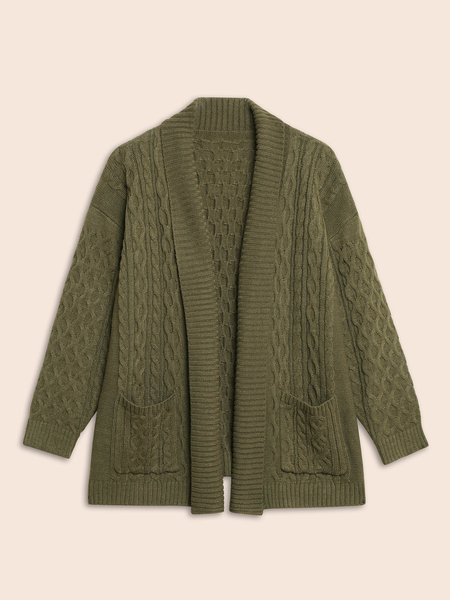 

Plus Size Solid Texture Cable Knit Patch Pocket Cardigan ArmyGreen Women Casual Loose Long Sleeve Everyday Cardigans BloomChic