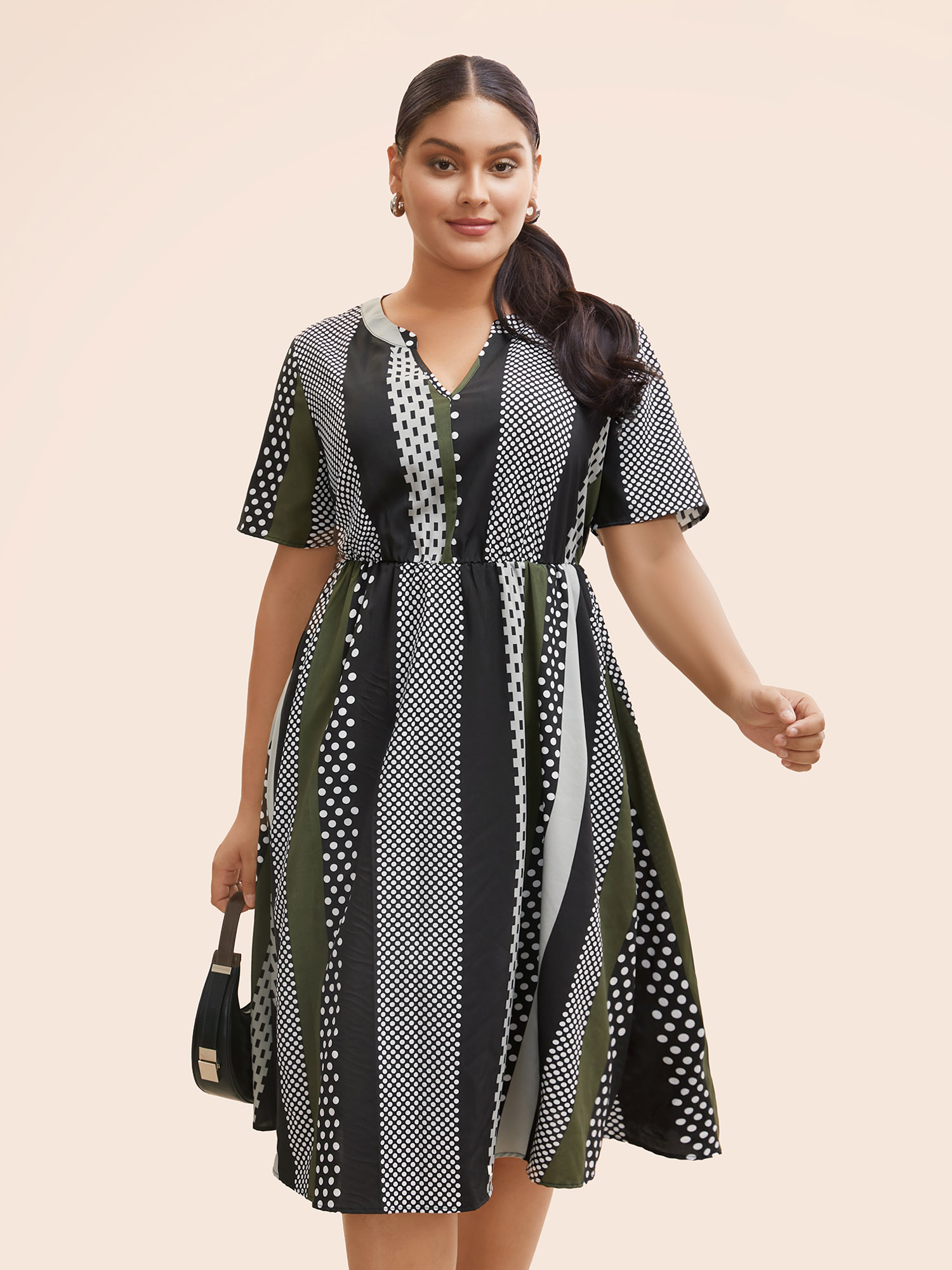 

Plus Size Notched Geometric Patchwork Contrast Midi Dress ArmyGreen Women At the Office Non Flat collar with V-notch Short sleeve Curvy BloomChic