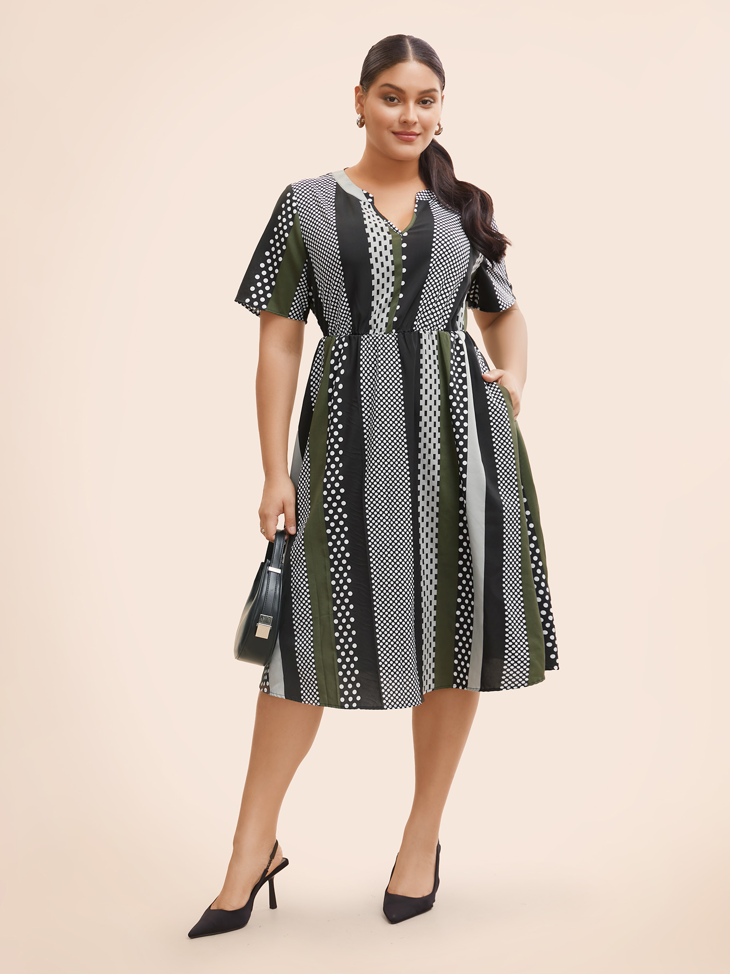 

Plus Size Notched Geometric Patchwork Contrast Midi Dress ArmyGreen Women At the Office Non Flat collar with V-notch Short sleeve Curvy BloomChic