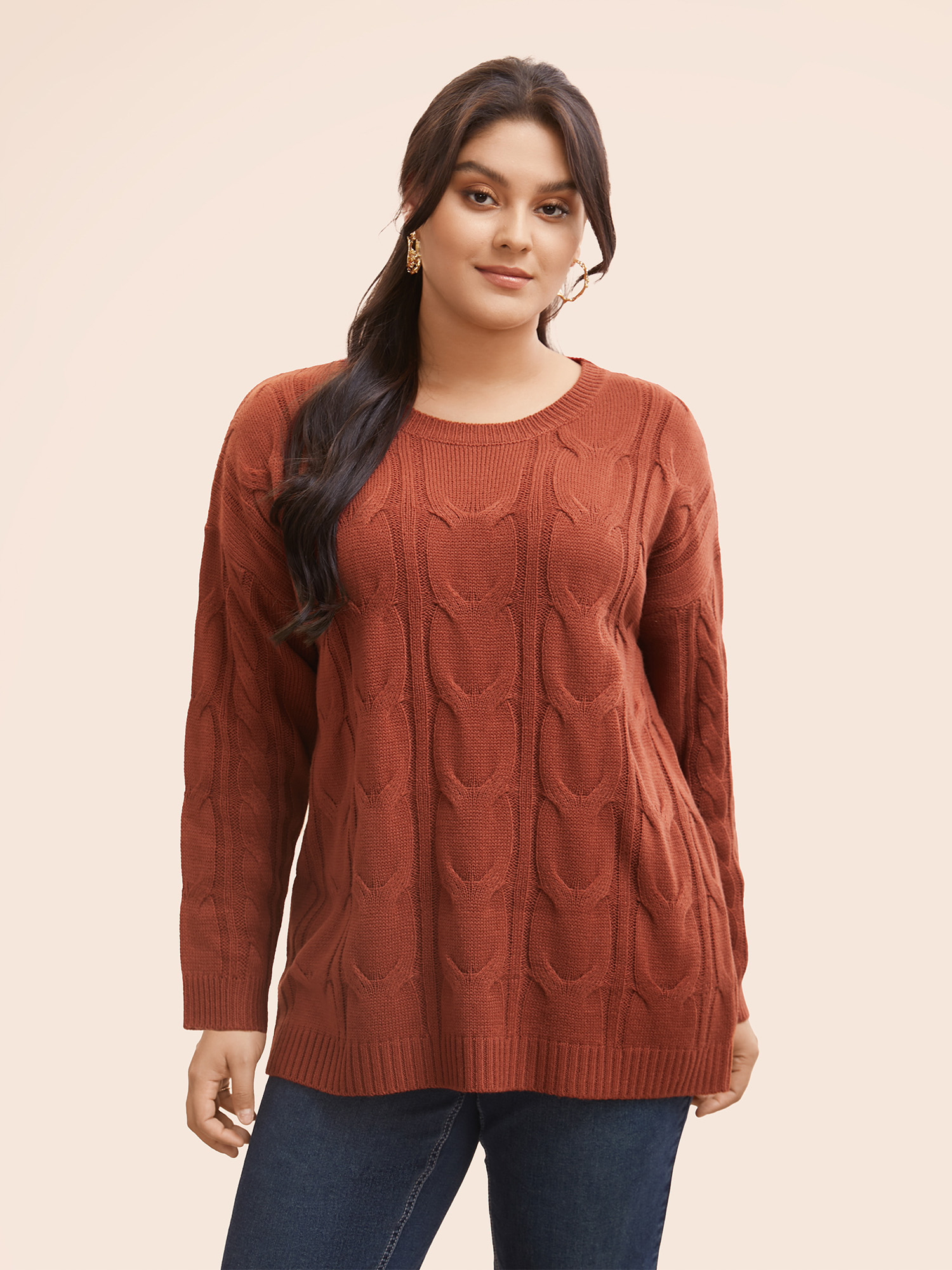 

Plus Size Plain Textured Drop Shoulder Sleeve Pullover Russet Women Casual Long Sleeve Round Neck Everyday Pullovers BloomChic