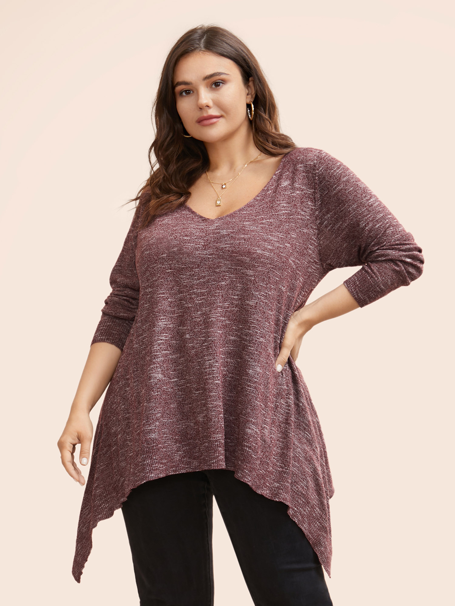 

Plus Size Solid Heather Asymmetrical Hem Pullover Deepred Women Casual Long Sleeve V-neck Everyday Pullovers BloomChic