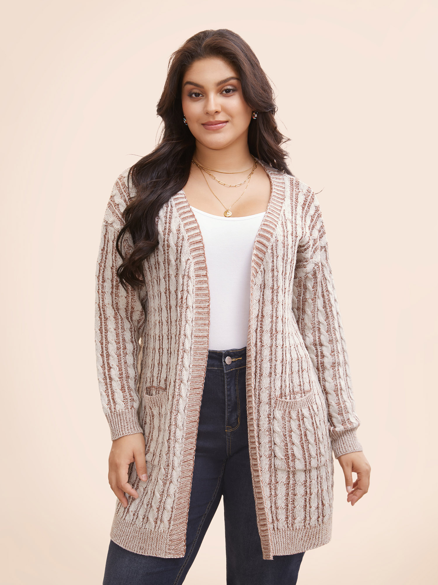 

Plus Size Texture Cable Knit Patch Pocket Cardigan Browncoffeecolor Women Casual Loose Long Sleeve Everyday Cardigans BloomChic