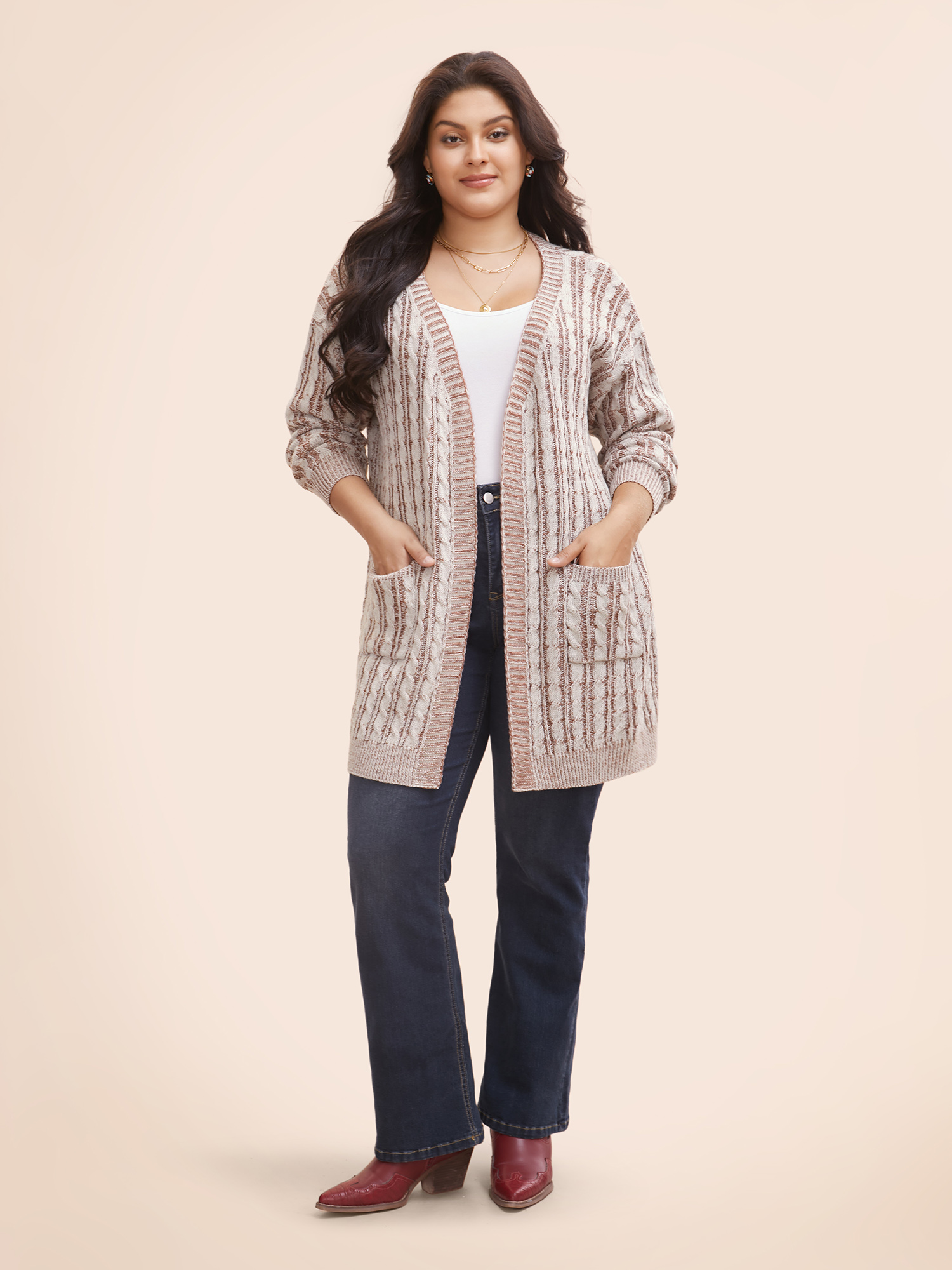 Plus Size Texture Cable Knit Patch Pocket Cardigan Browncoffeecolor Women Casual Loose Long Sleeve Everyday Cardigans BloomChic 28/5X 