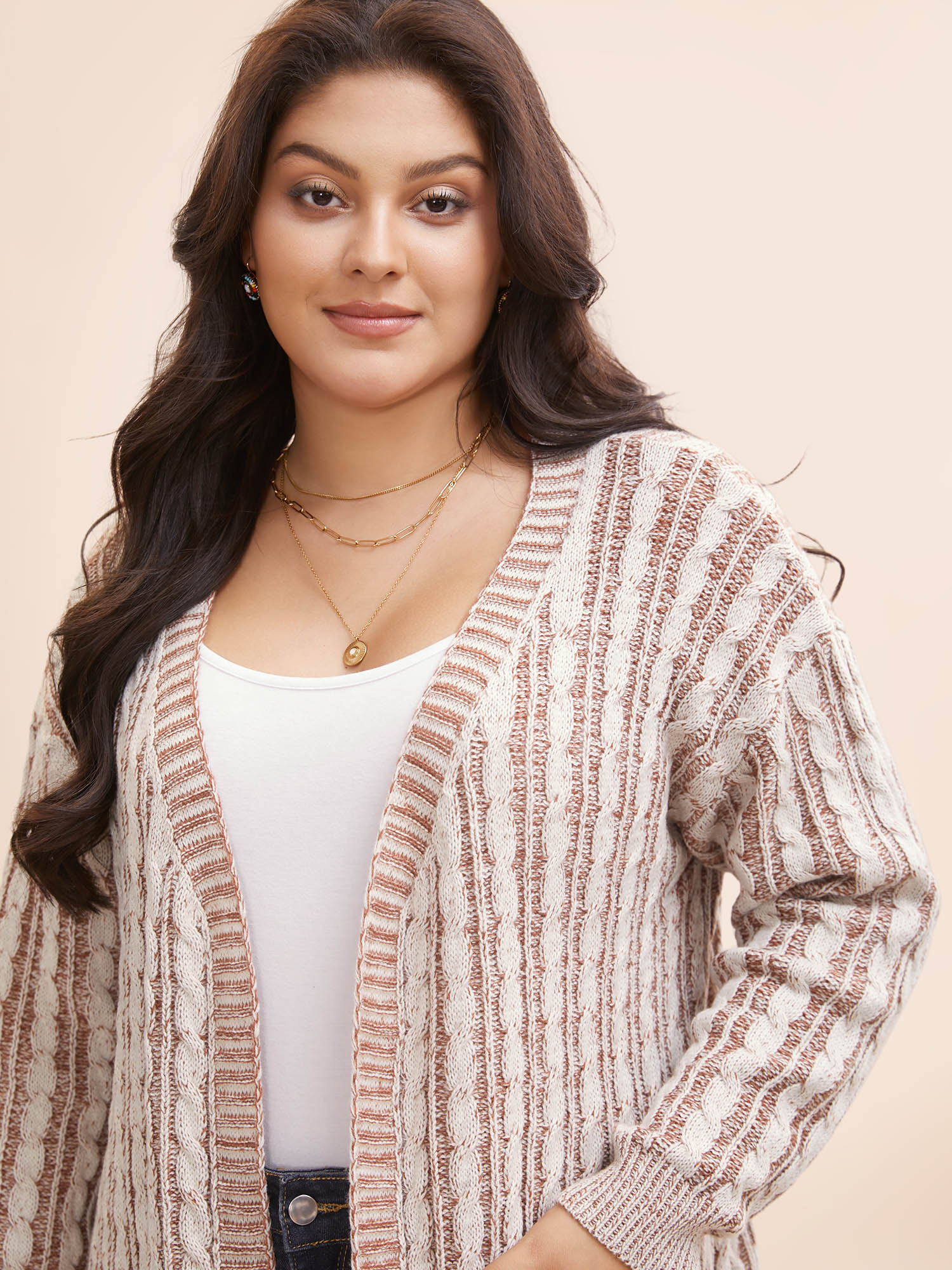 Plus Size Texture Cable Knit Patch Pocket Cardigan Browncoffeecolor Women Casual Loose Long Sleeve Everyday Cardigans BloomChic 28/5X 
