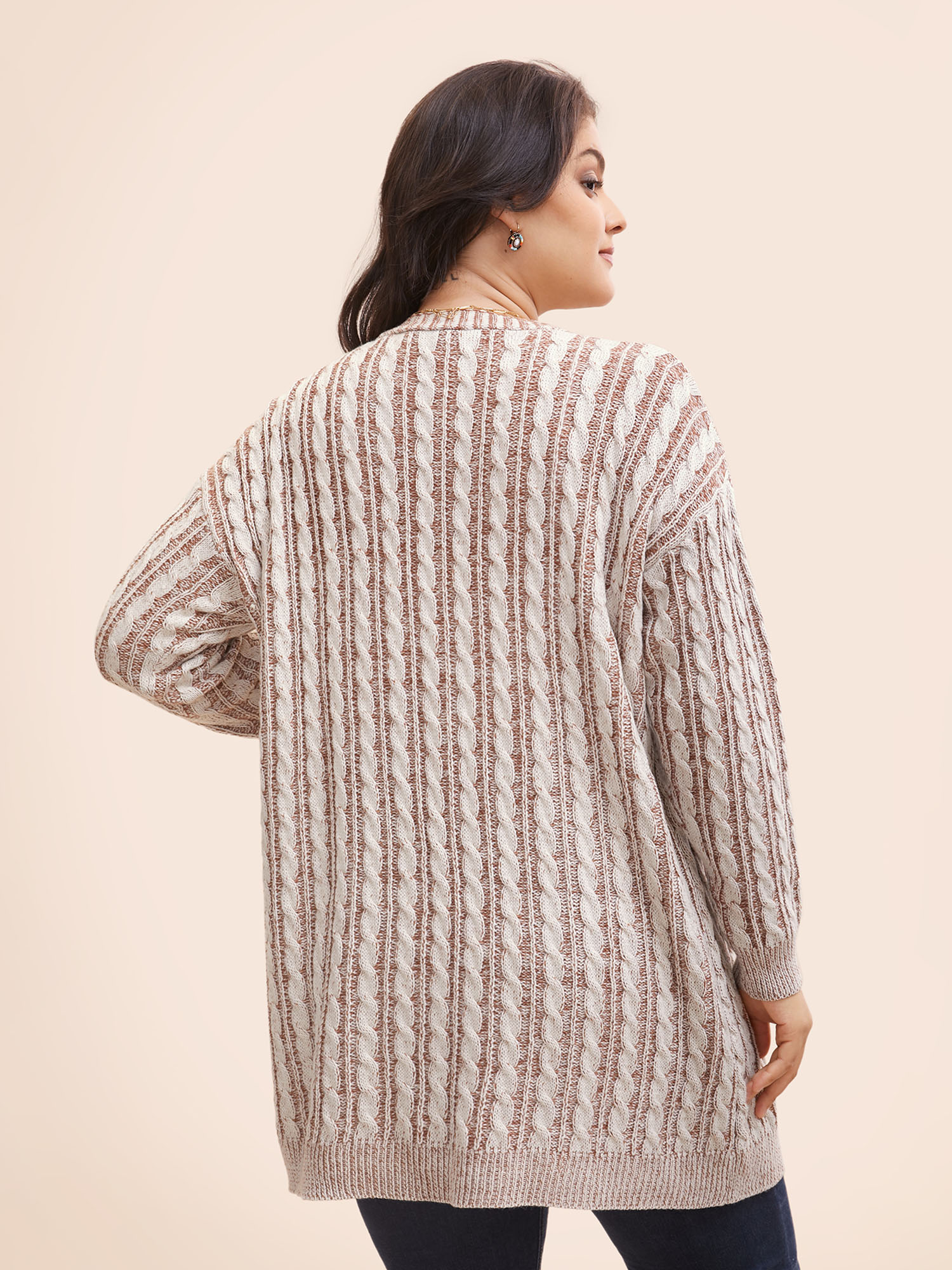 Plus Size Texture Cable Knit Patch Pocket Cardigan Browncoffeecolor Women Casual Loose Long Sleeve Everyday Cardigans BloomChic 28/5X 