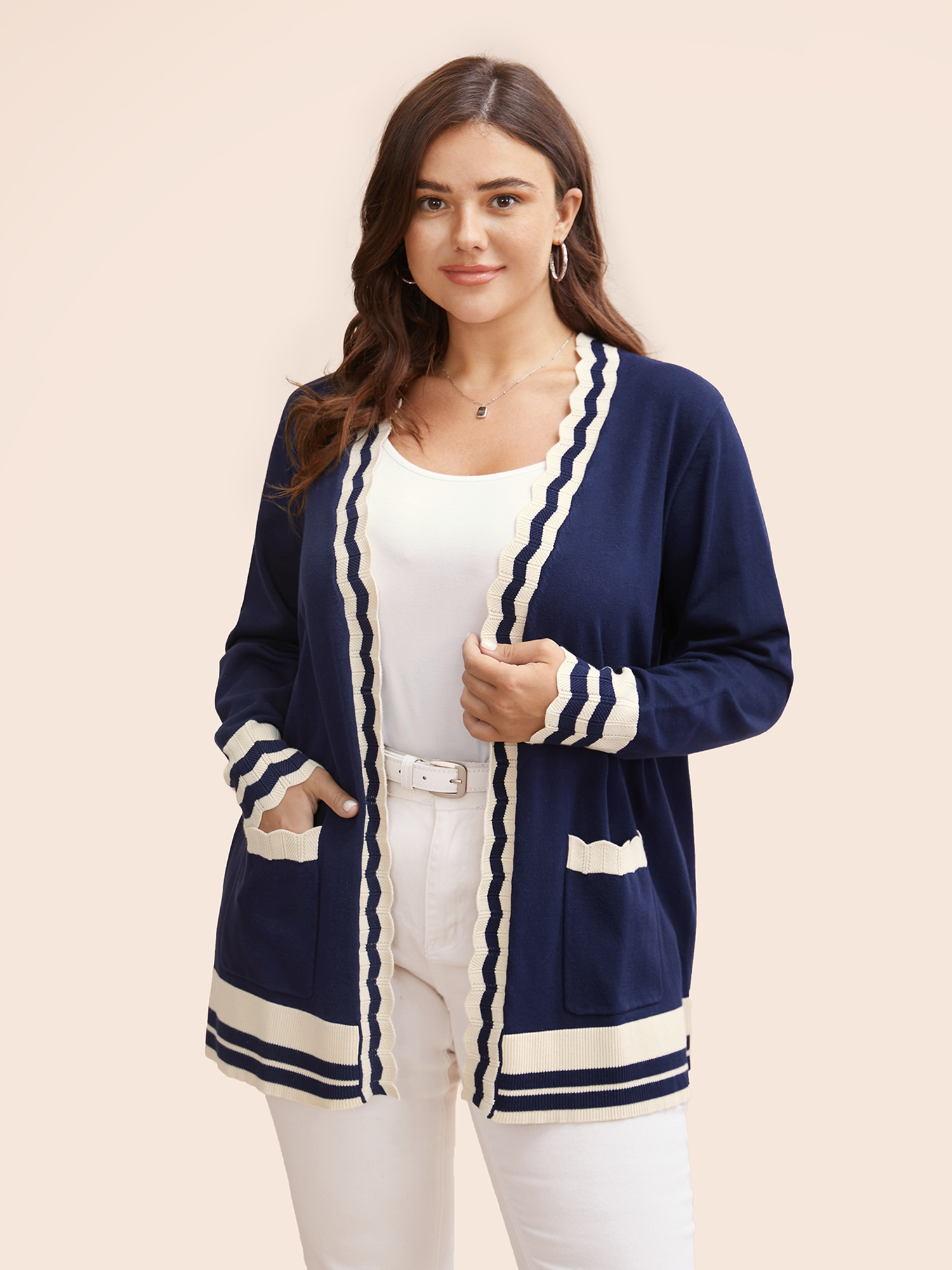 

Plus Size Supersoft Essentials Scalloped Trim Contrast Cardigan Indigo Women Workwear Essentials Loose Long Sleeve Work Cardigans BloomChic