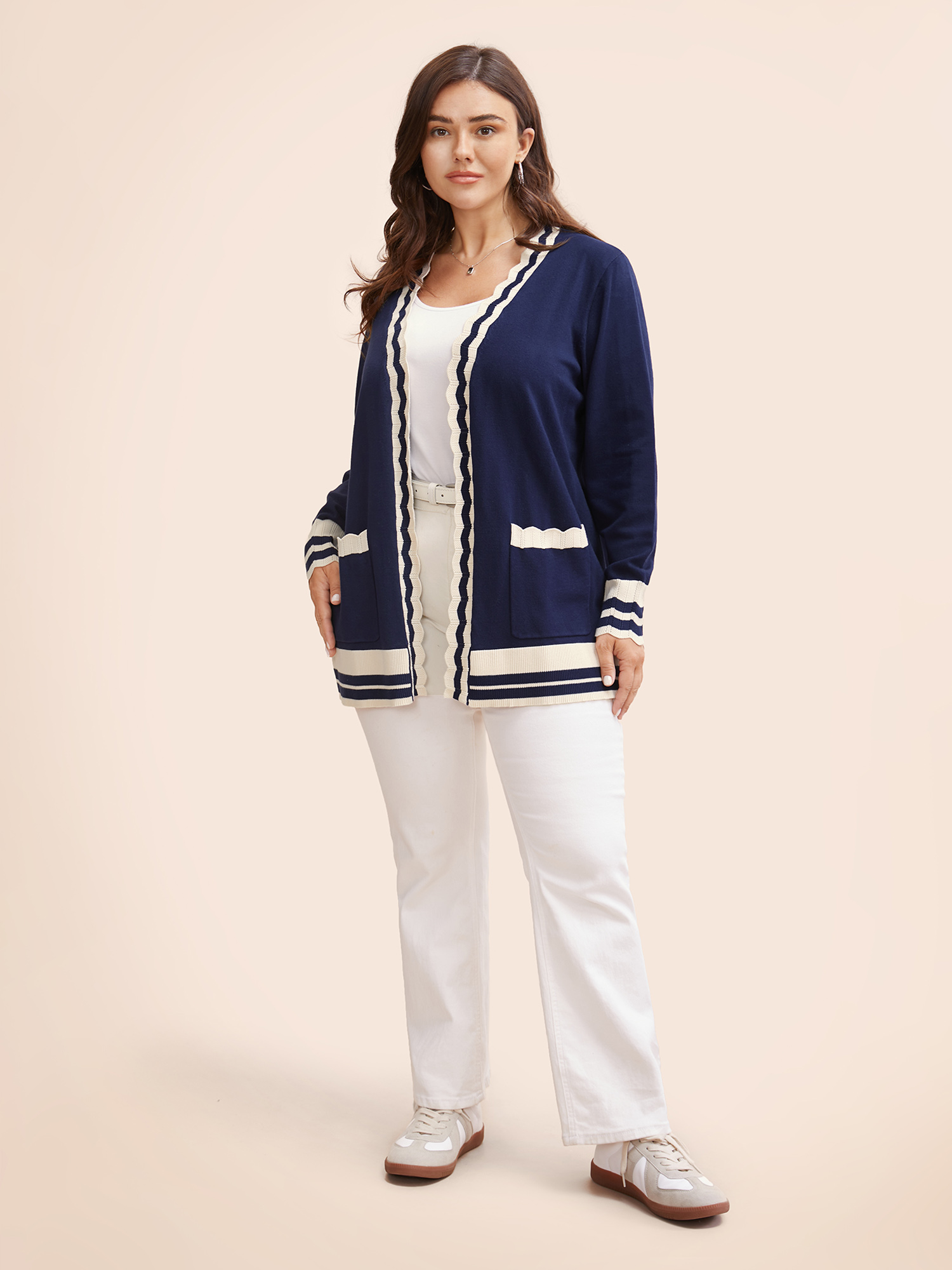 

Plus Size Supersoft Essentials Scalloped Trim Contrast Cardigan Indigo Women Workwear Essentials Loose Long Sleeve Work Cardigans BloomChic