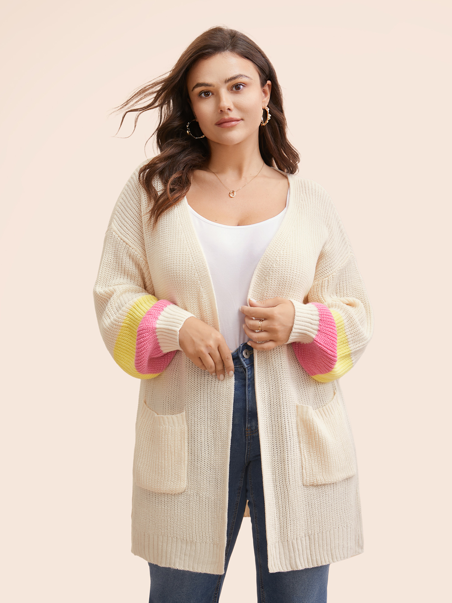 

Plus Size Colorblock Contrast Lantern Sleeve Pocket Cardigan Beige Women Casual Loose Long Sleeve Everyday Cardigans BloomChic