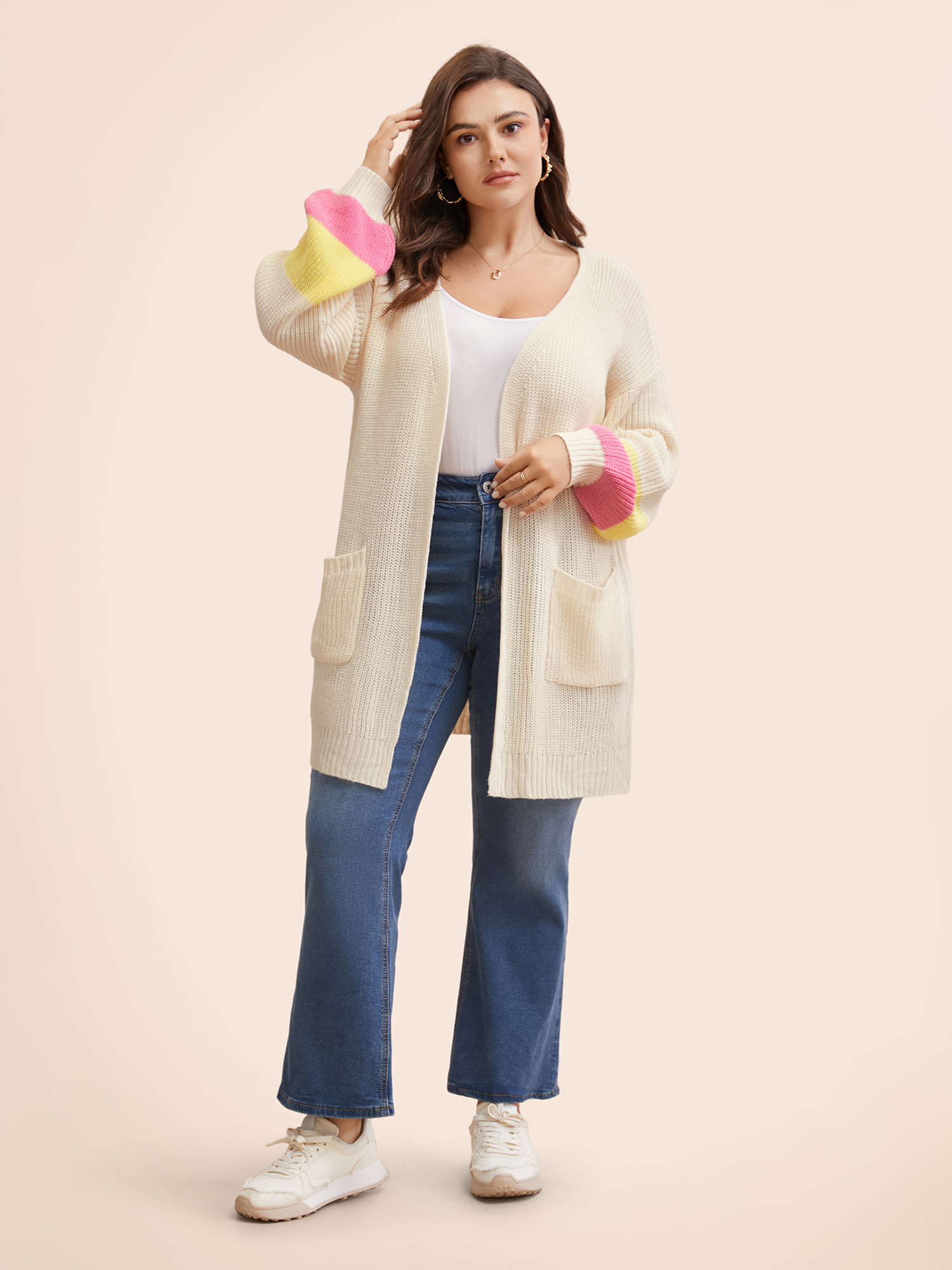 Plus Size Colorblock Contrast Lantern Sleeve Pocket Cardigan Beige Women Casual Loose Long Sleeve Everyday Cardigans BloomChic 12/L 