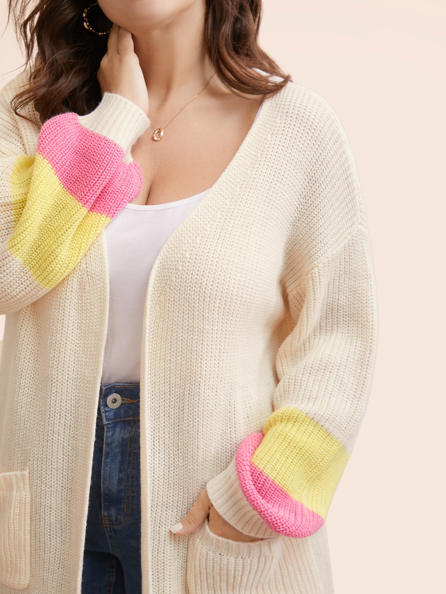 Plus Size Colorblock Contrast Lantern Sleeve Pocket Cardigan Beige Women Casual Loose Long Sleeve Everyday Cardigans BloomChic 12/L 