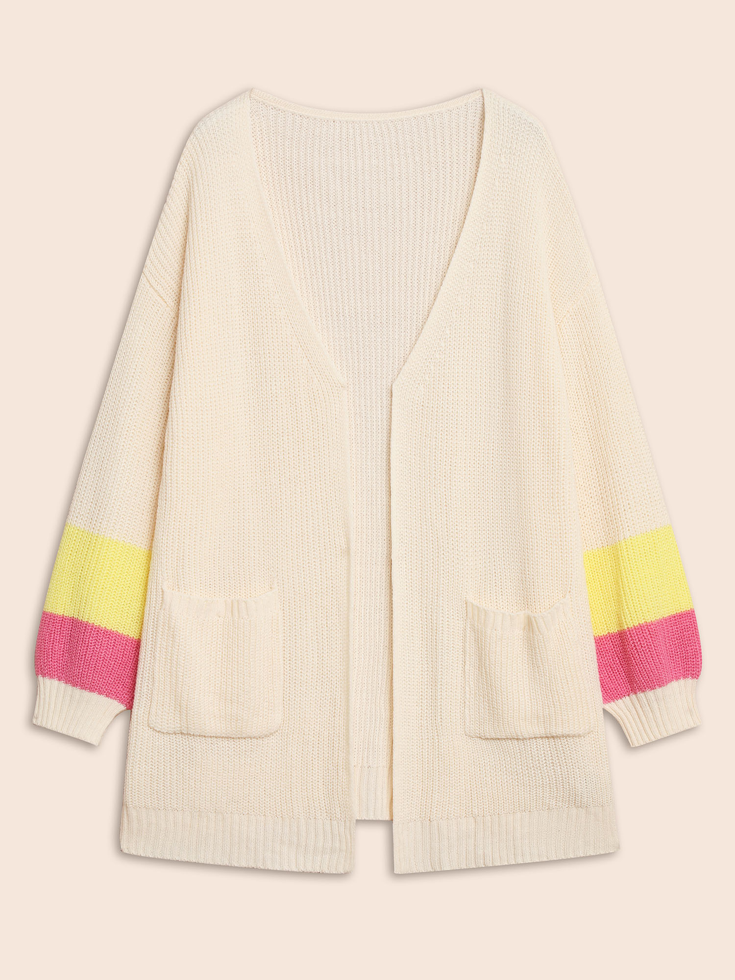 Plus Size Colorblock Contrast Lantern Sleeve Pocket Cardigan Beige Women Casual Loose Long Sleeve Everyday Cardigans BloomChic 12/L 