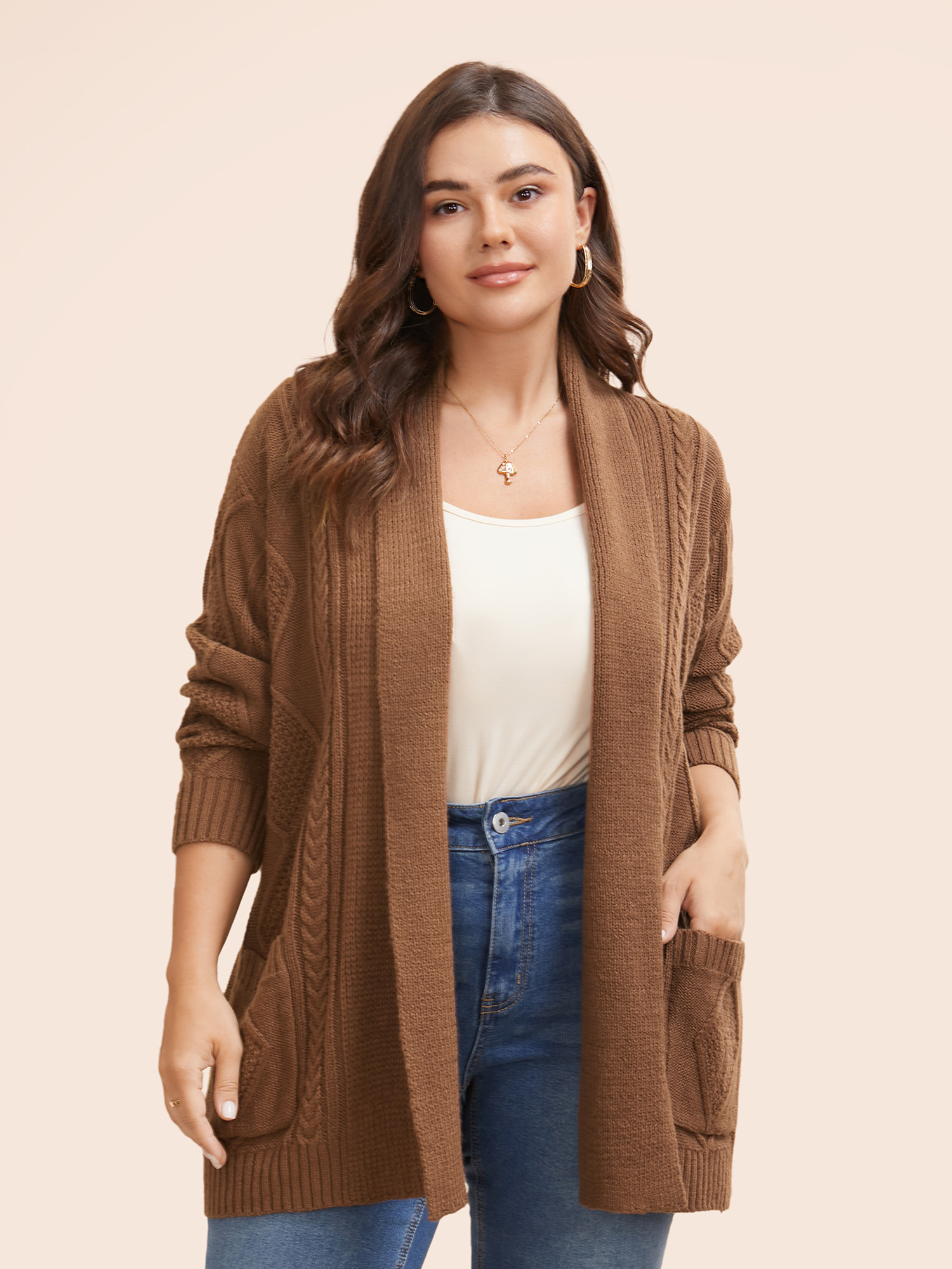 

Plus Size Cable Knit Texture Patch Pocket Cardigan DarkBrown Women Casual Loose Long Sleeve Everyday Cardigans BloomChic