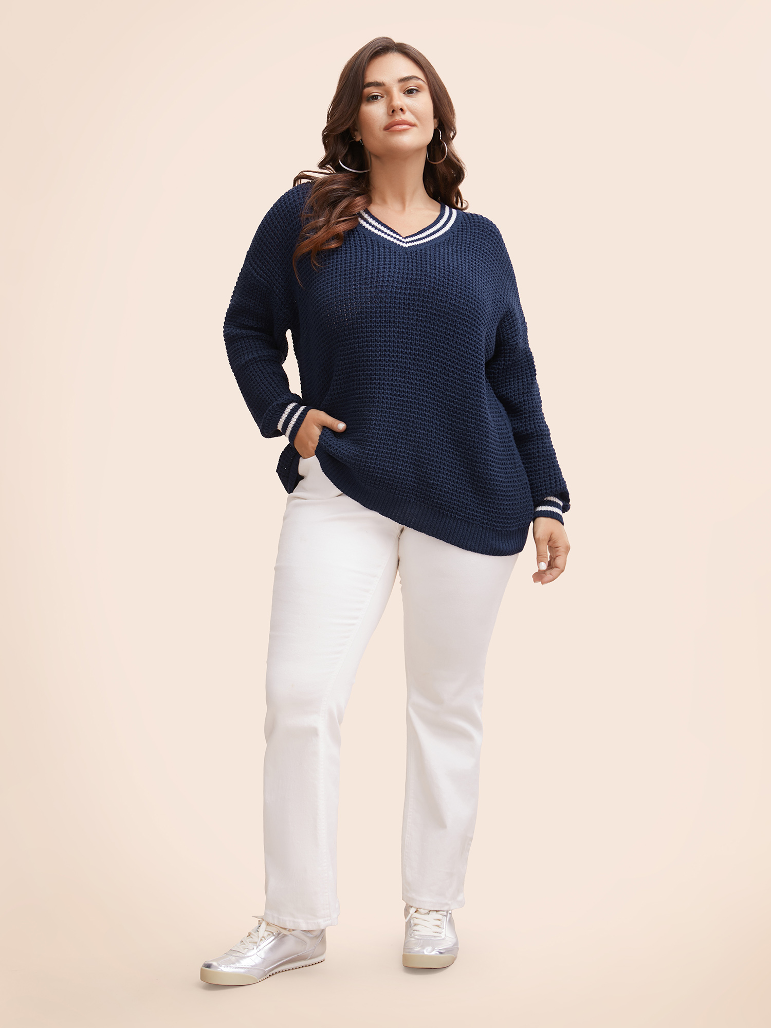 

Plus Size Contrast Striped Drop Shoulder Pullover Indigo Women Workwear Essentials Long Sleeve V-neck Work Pullovers BloomChic