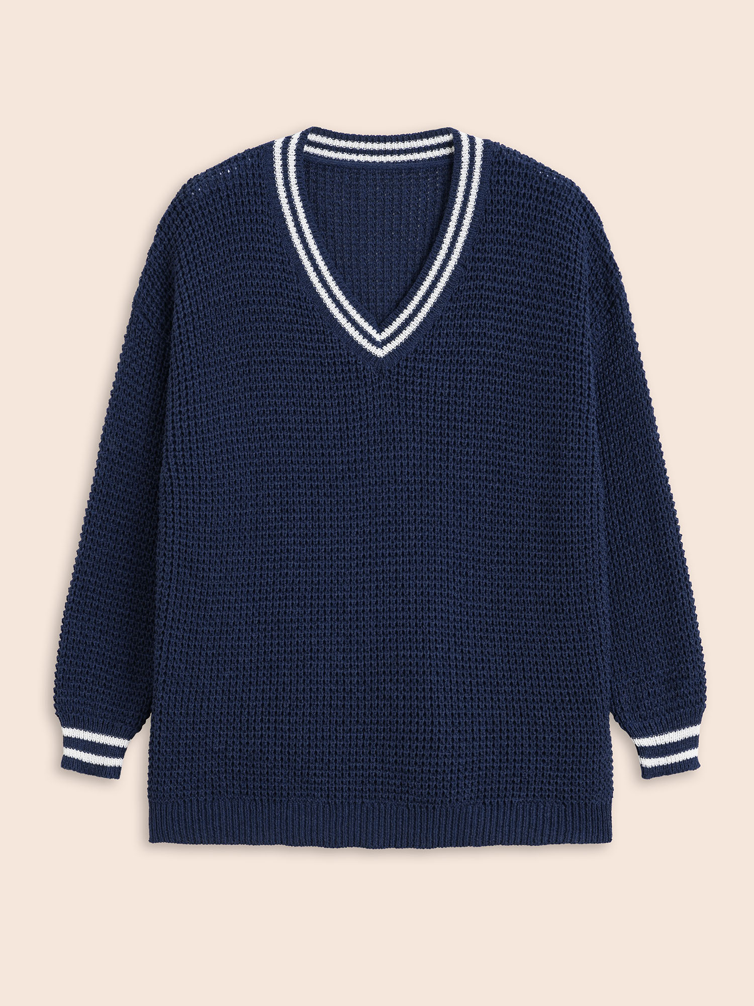 

Plus Size Contrast Striped Drop Shoulder Pullover Indigo Women Workwear Essentials Long Sleeve V-neck Work Pullovers BloomChic