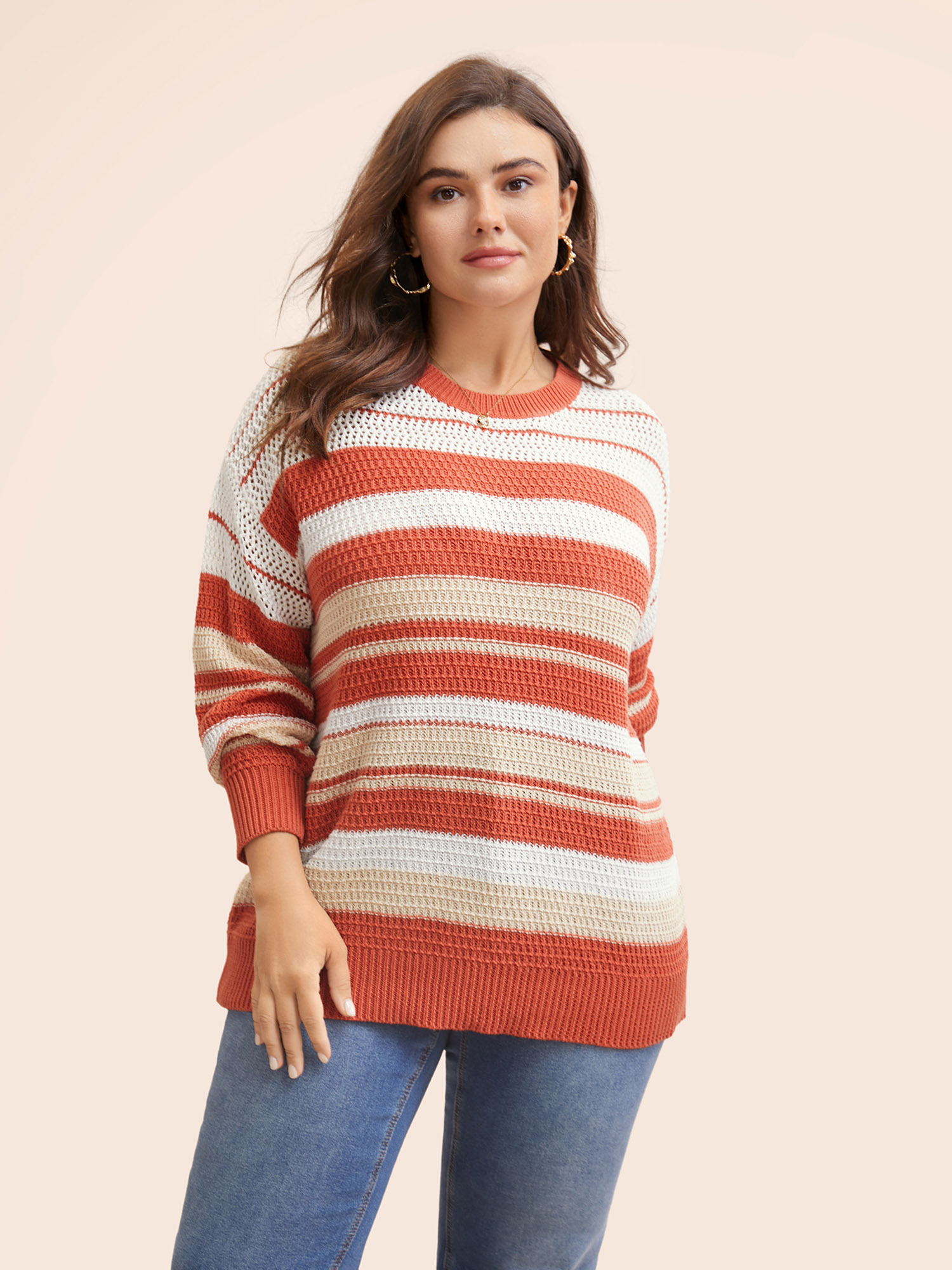 

Plus Size Striped Contrast Cut Out Drop Shoulder Pullover Rust Women Casual Long Sleeve Round Neck Everyday Pullovers BloomChic