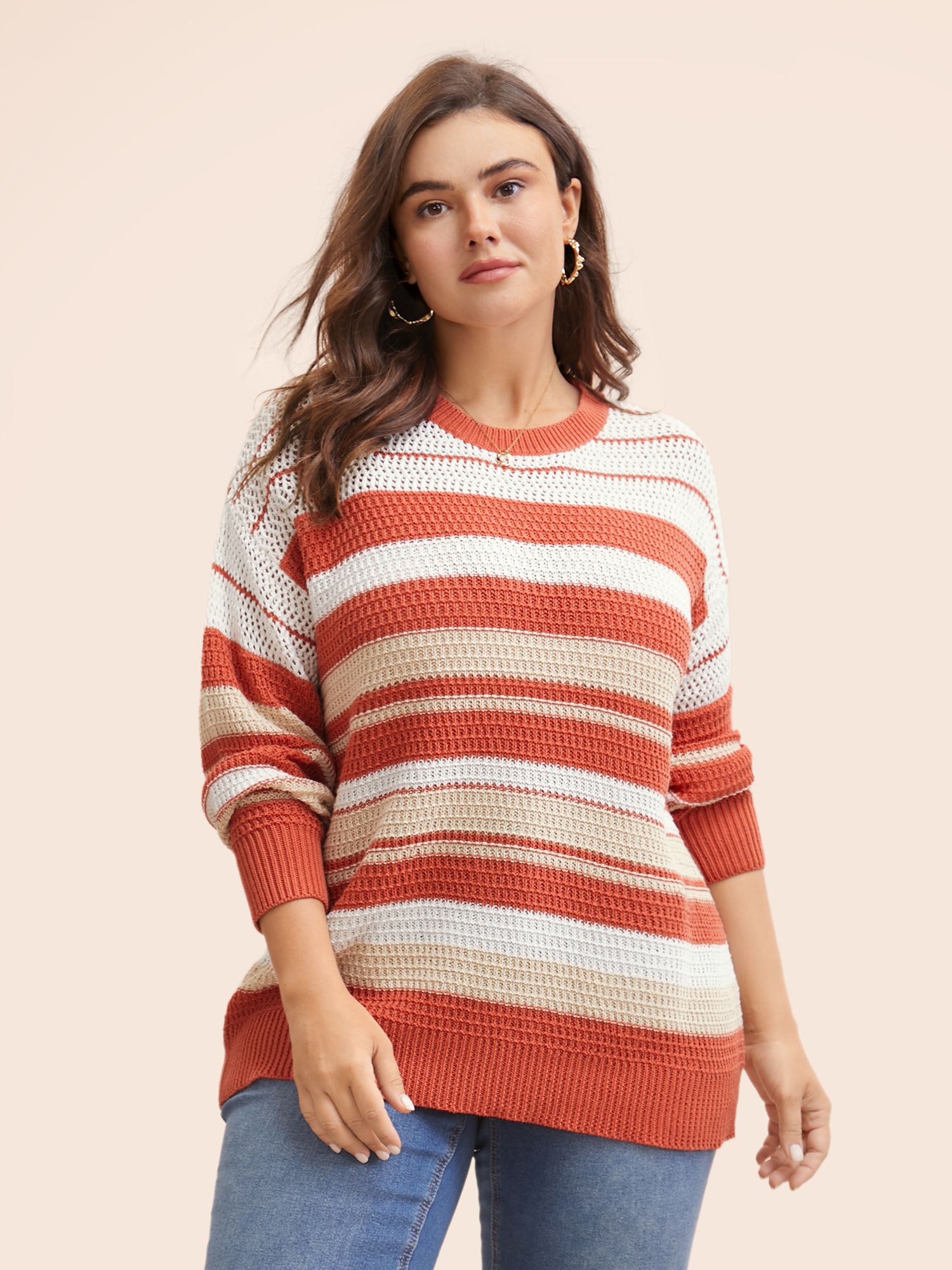 

Plus Size Striped Contrast Cut Out Drop Shoulder Pullover Rust Women Casual Long Sleeve Round Neck Everyday Pullovers BloomChic