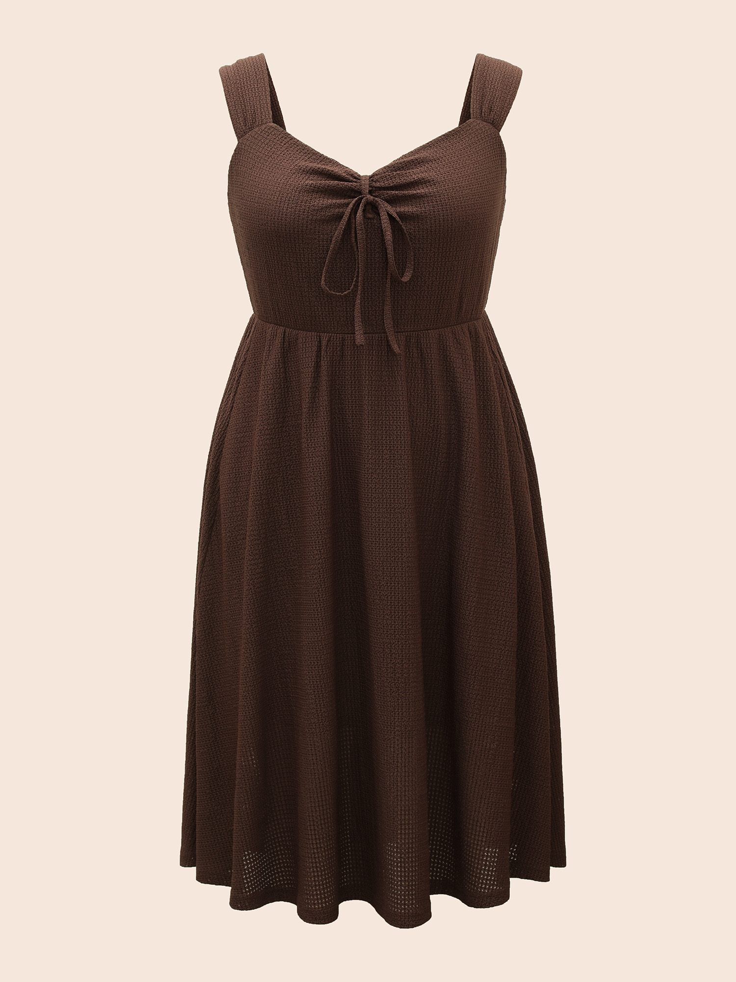 

Plus Size Tie Neck Sleeveless Ruched Pocket Dress Browncoffeecolor Women Elegant Tie knot Heart neckline Sleeveless Curvy BloomChic