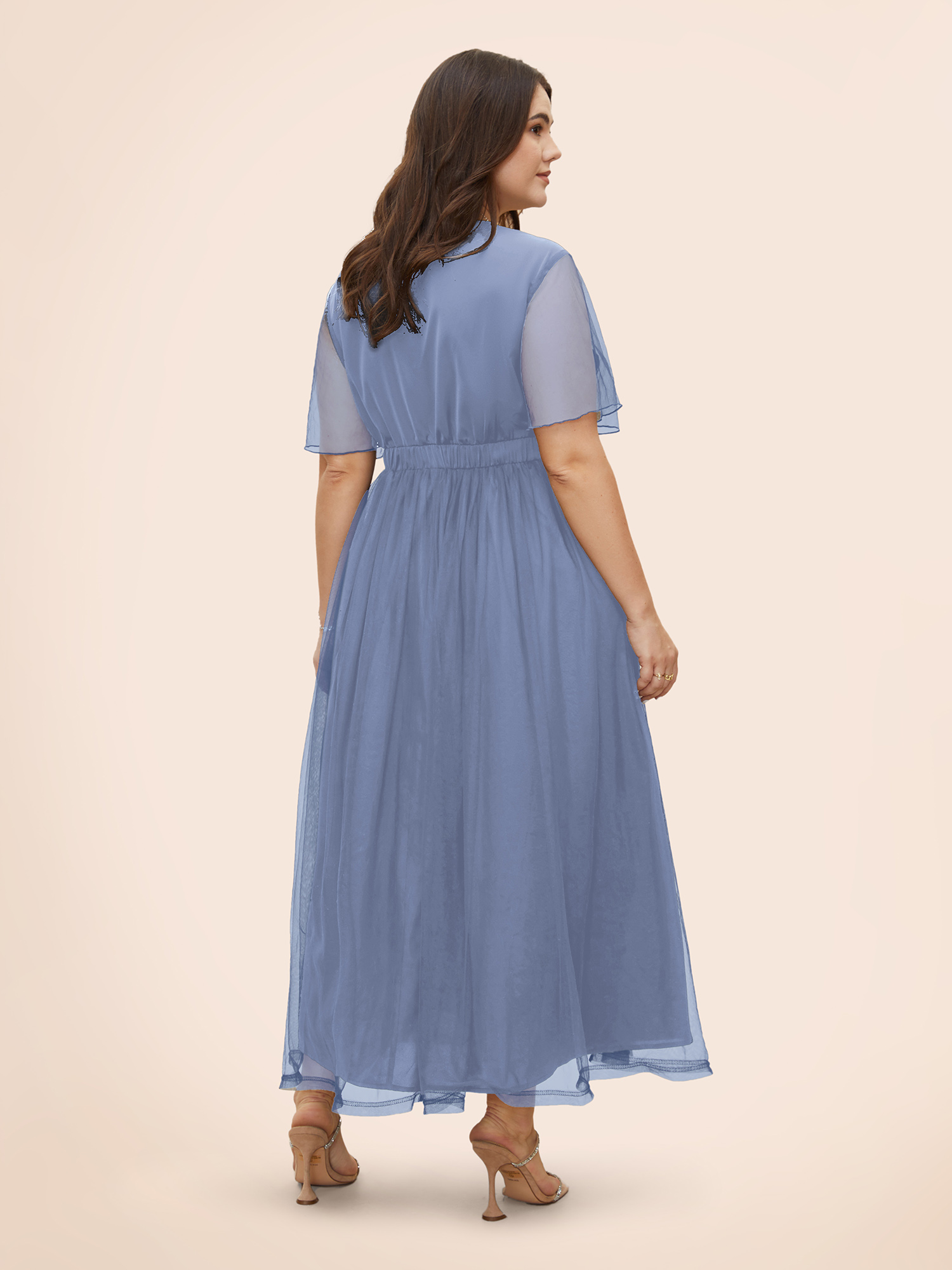 

Plus Size V Neck Mesh Patchwork Split Hem Dress Stone Women Formal Slit Non Short sleeve Curvy BloomChic