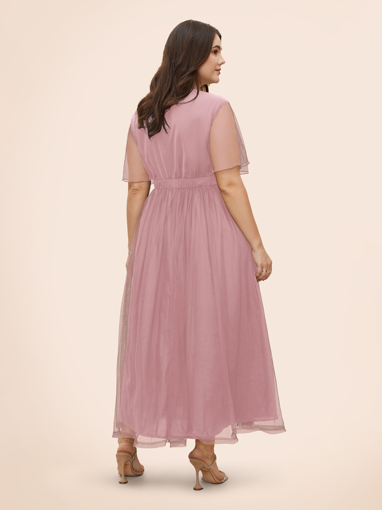 

Plus Size V Neck Mesh Patchwork Split Hem Dress Lightpink Women Formal Slit Non Short sleeve Curvy BloomChic