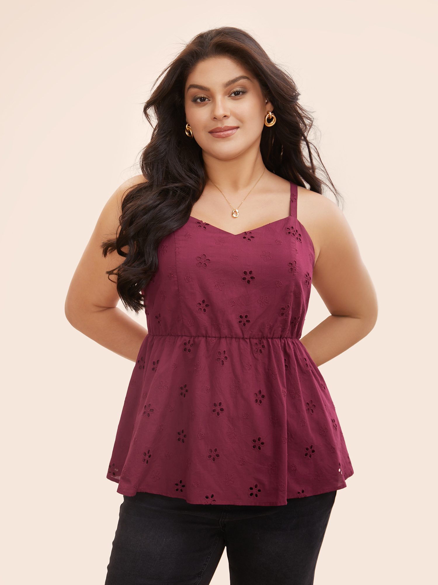 

Plus Size Broderie Anglaise Adjustable Straps Cami Top Women Burgundy Elegant Gathered Heart neckline Everyday Tank Tops Camis BloomChic