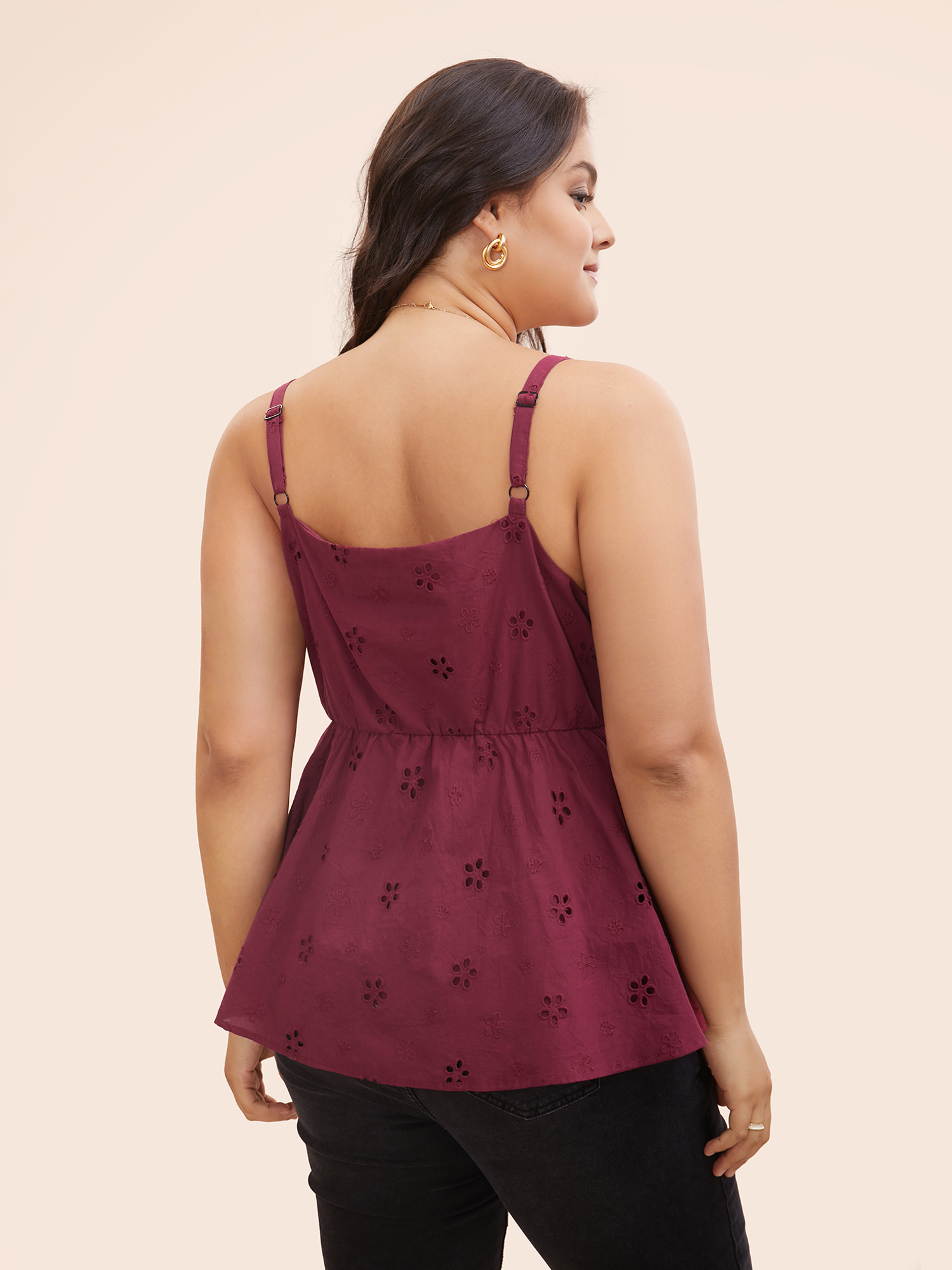 

Plus Size Broderie Anglaise Adjustable Straps Cami Top Women Burgundy Elegant Gathered Heart neckline Everyday Tank Tops Camis BloomChic