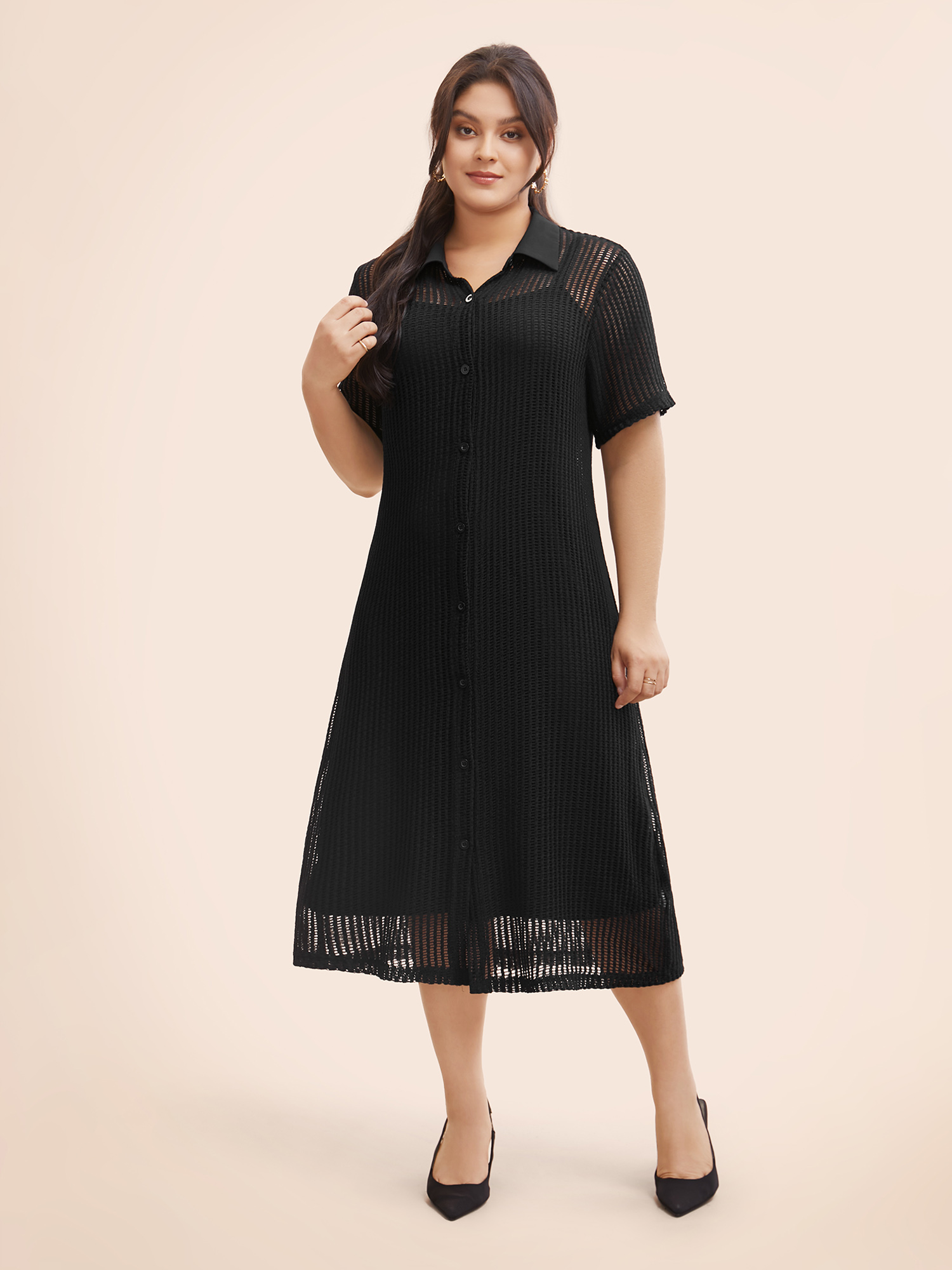 Plus Size Shirt Collar Button Up Midi Dress Black Women Casual Texture Shirt collar Short sleeve Curvy BloomChic 10/M 