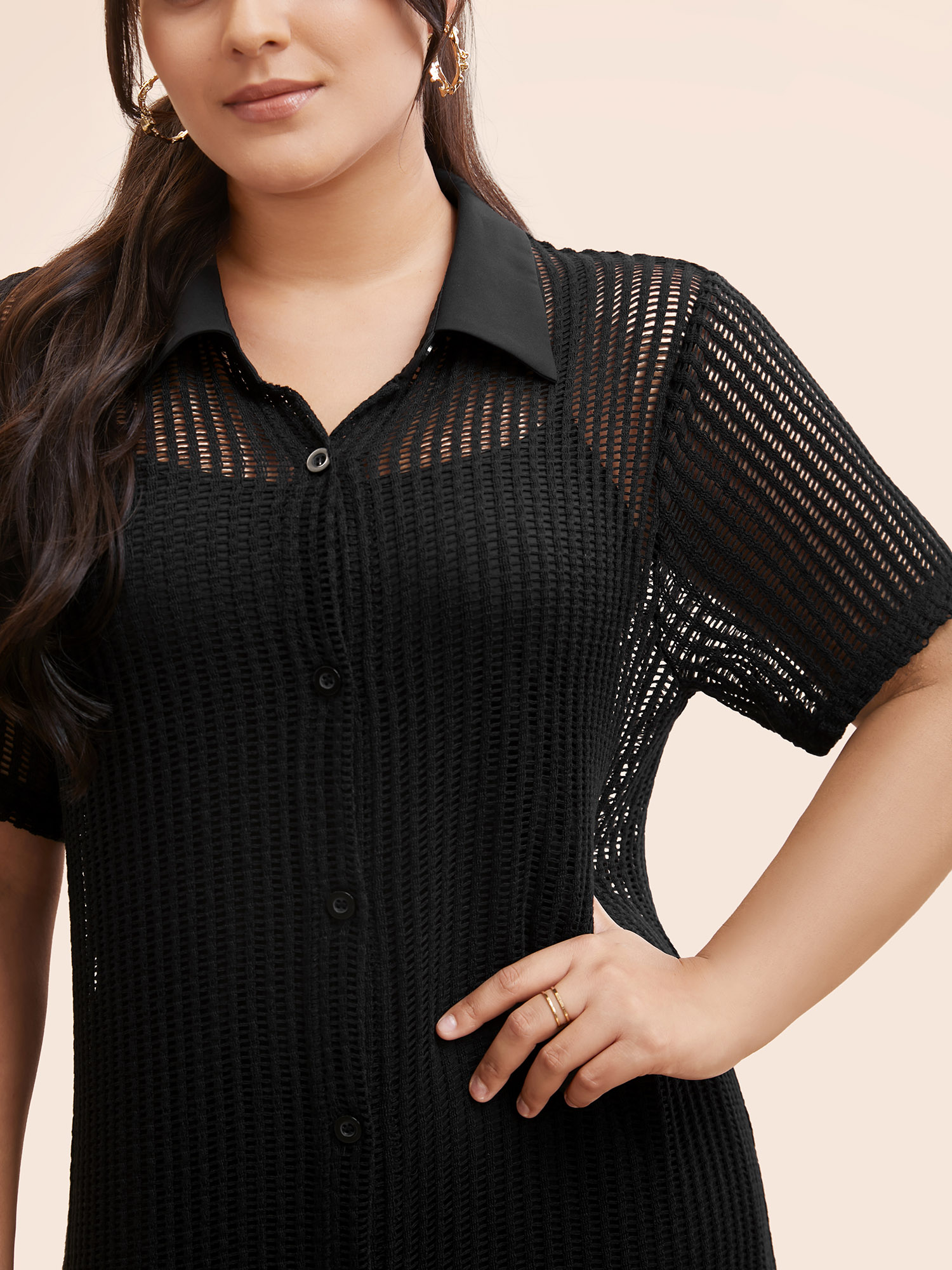 Plus Size Shirt Collar Button Up Midi Dress Black Women Casual Texture Shirt collar Short sleeve Curvy BloomChic 10/M 