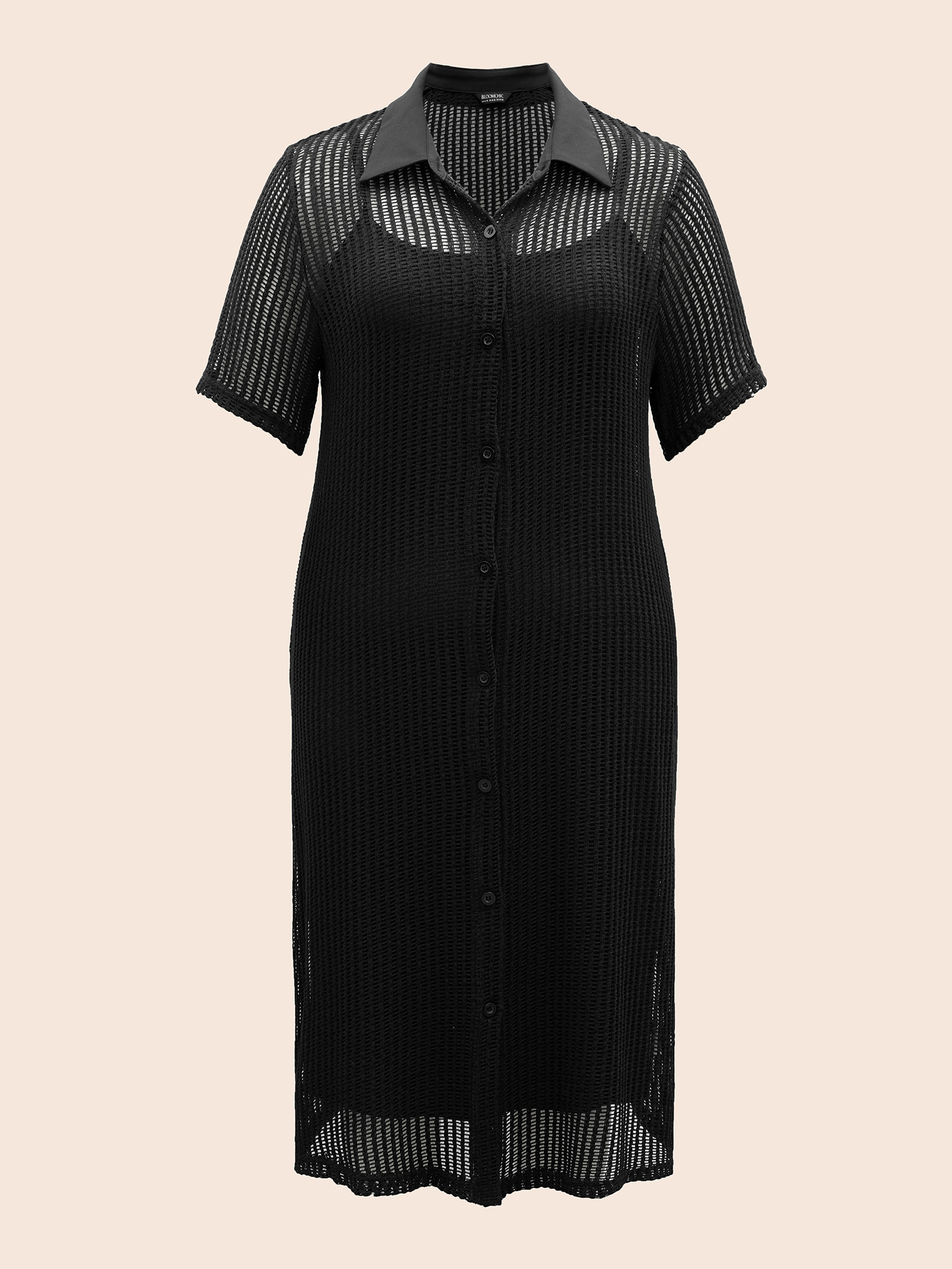 Plus Size Shirt Collar Button Up Midi Dress Black Women Casual Texture Shirt collar Short sleeve Curvy BloomChic 10/M 