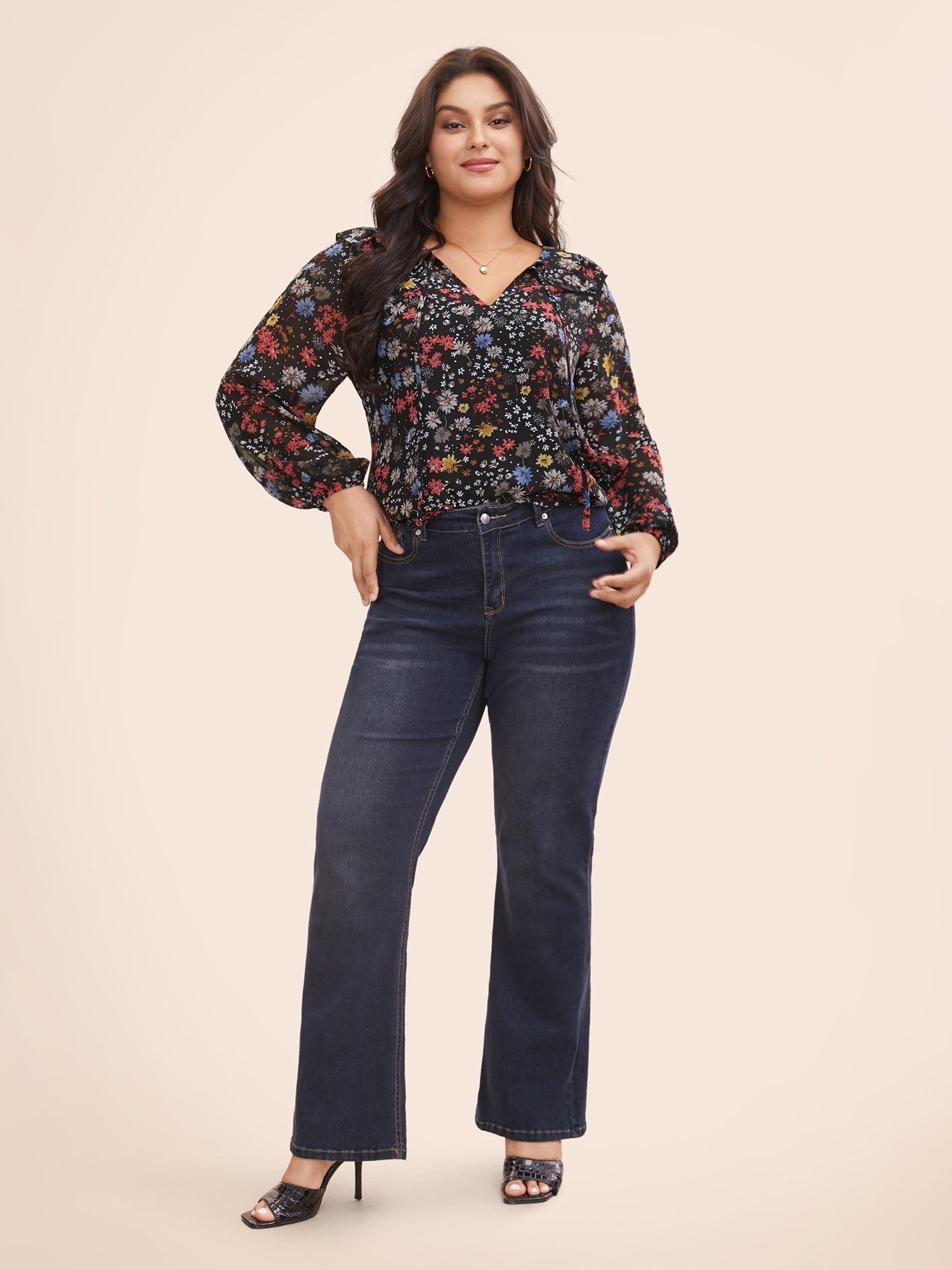 Plus Size Black Chiffon Floral Tie Knot Ruffle Trim Blouse Women Elegant Long Sleeve V-neck Everyday Blouses BloomChic 28/5X 