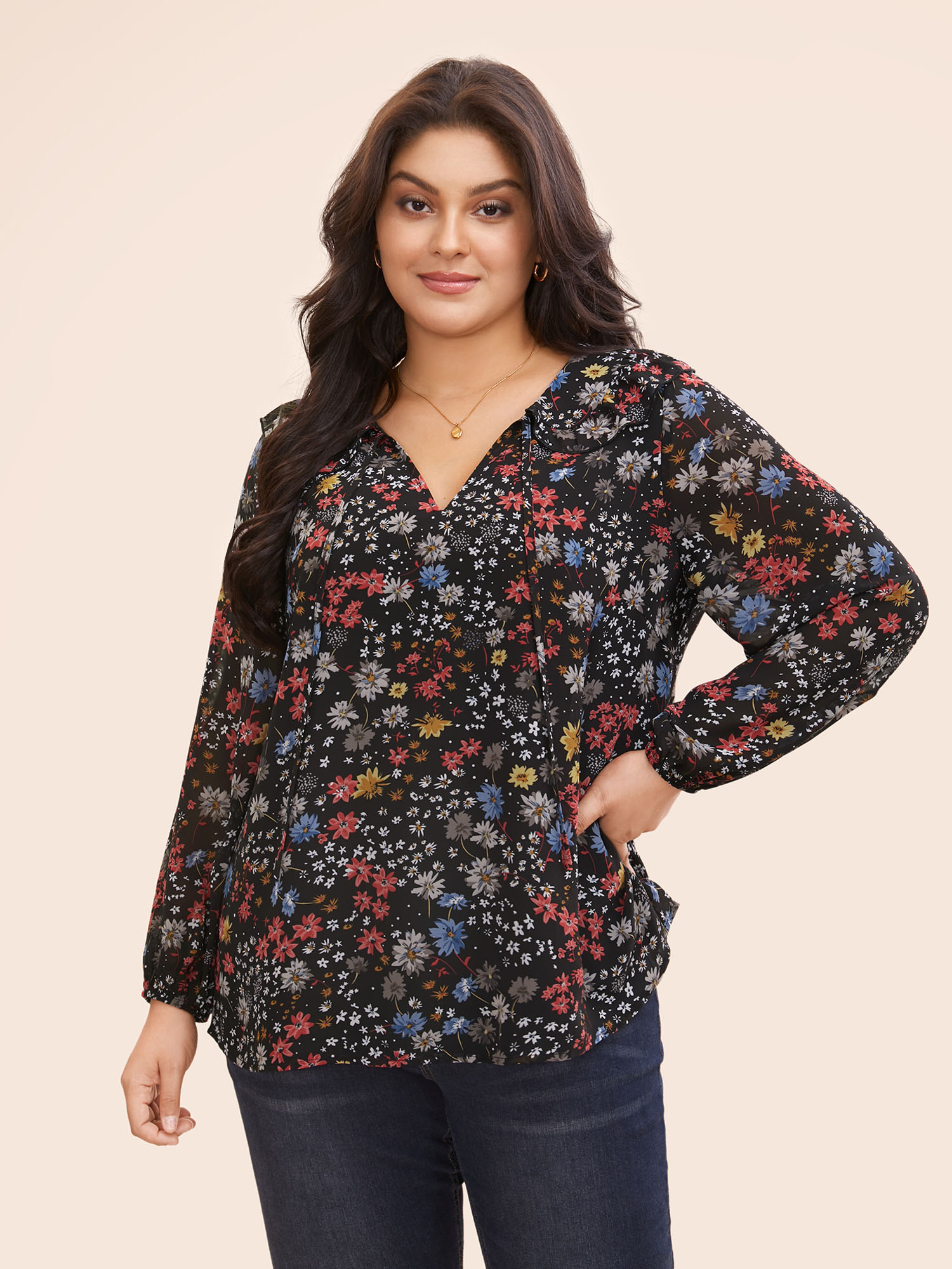 Plus Size Black Chiffon Floral Tie Knot Ruffle Trim Blouse Women Elegant Long Sleeve V-neck Everyday Blouses BloomChic 28/5X 
