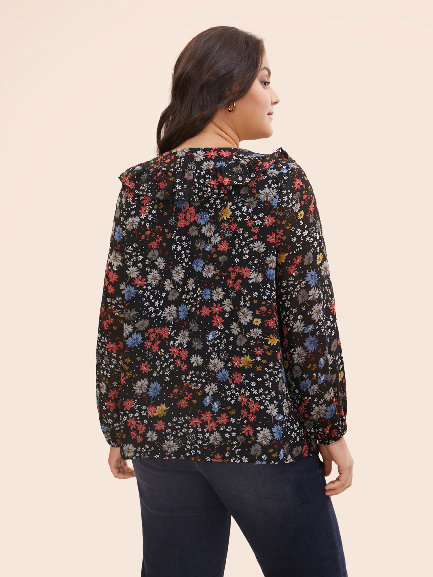 Plus Size Black Chiffon Floral Tie Knot Ruffle Trim Blouse Women Elegant Long Sleeve V-neck Everyday Blouses BloomChic 28/5X 