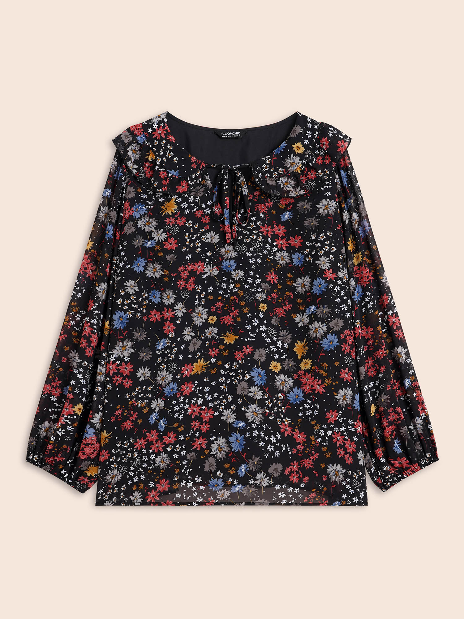 

Plus Size Black Chiffon Floral Tie Knot Ruffle Trim Blouse Women Elegant Long Sleeve V-neck Everyday Blouses BloomChic
